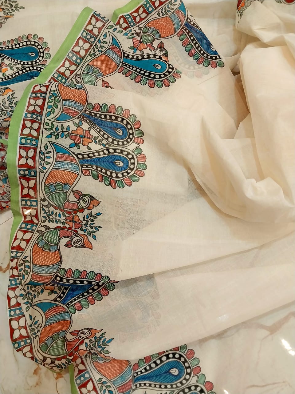 Madhubani Handpainted Saree on Pure 100/100 Cotton - Hand-Painting