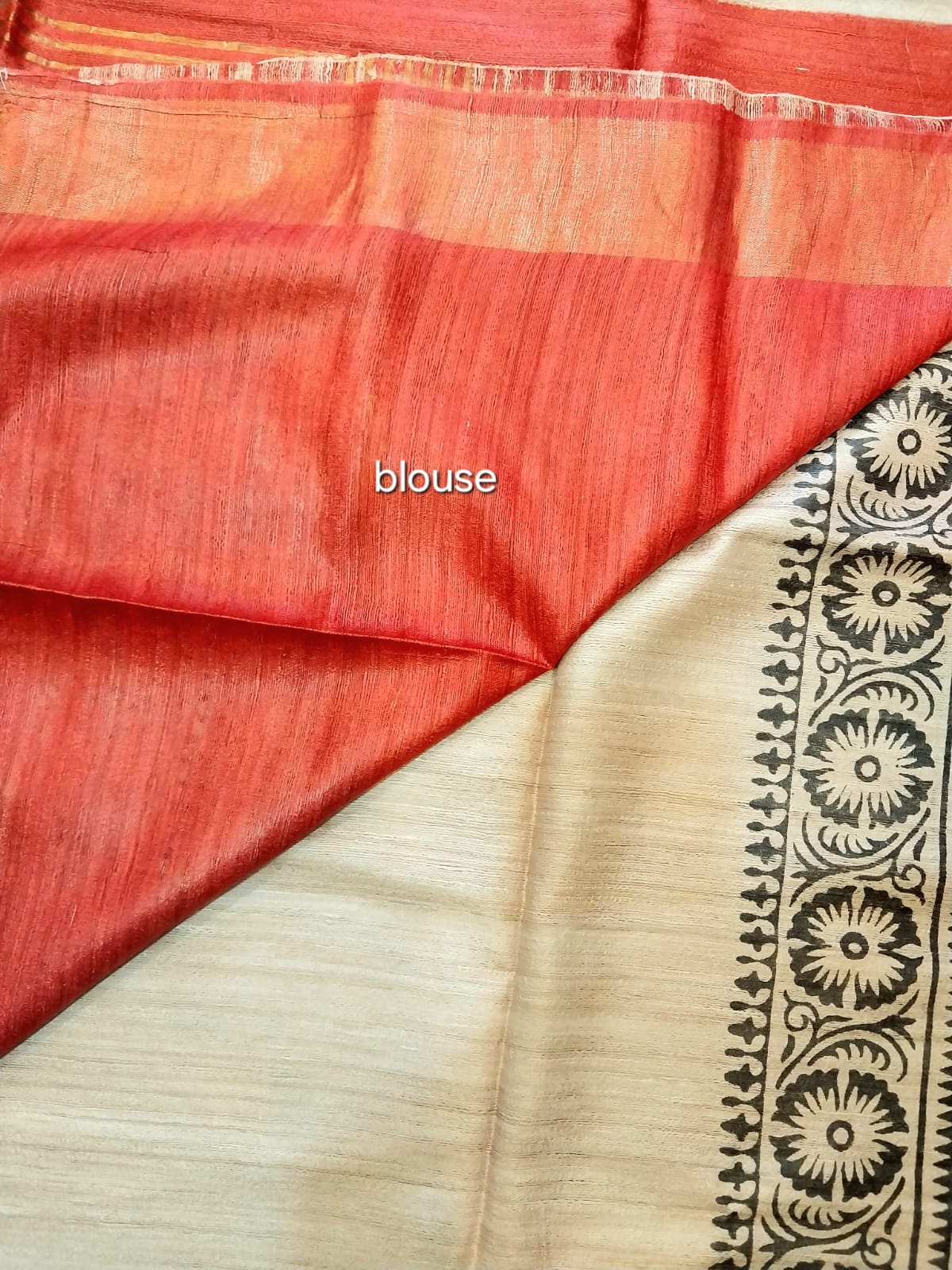 Hand Block Print Saree on Pure Ghicha Tussar Saree with Running Blouse Piece