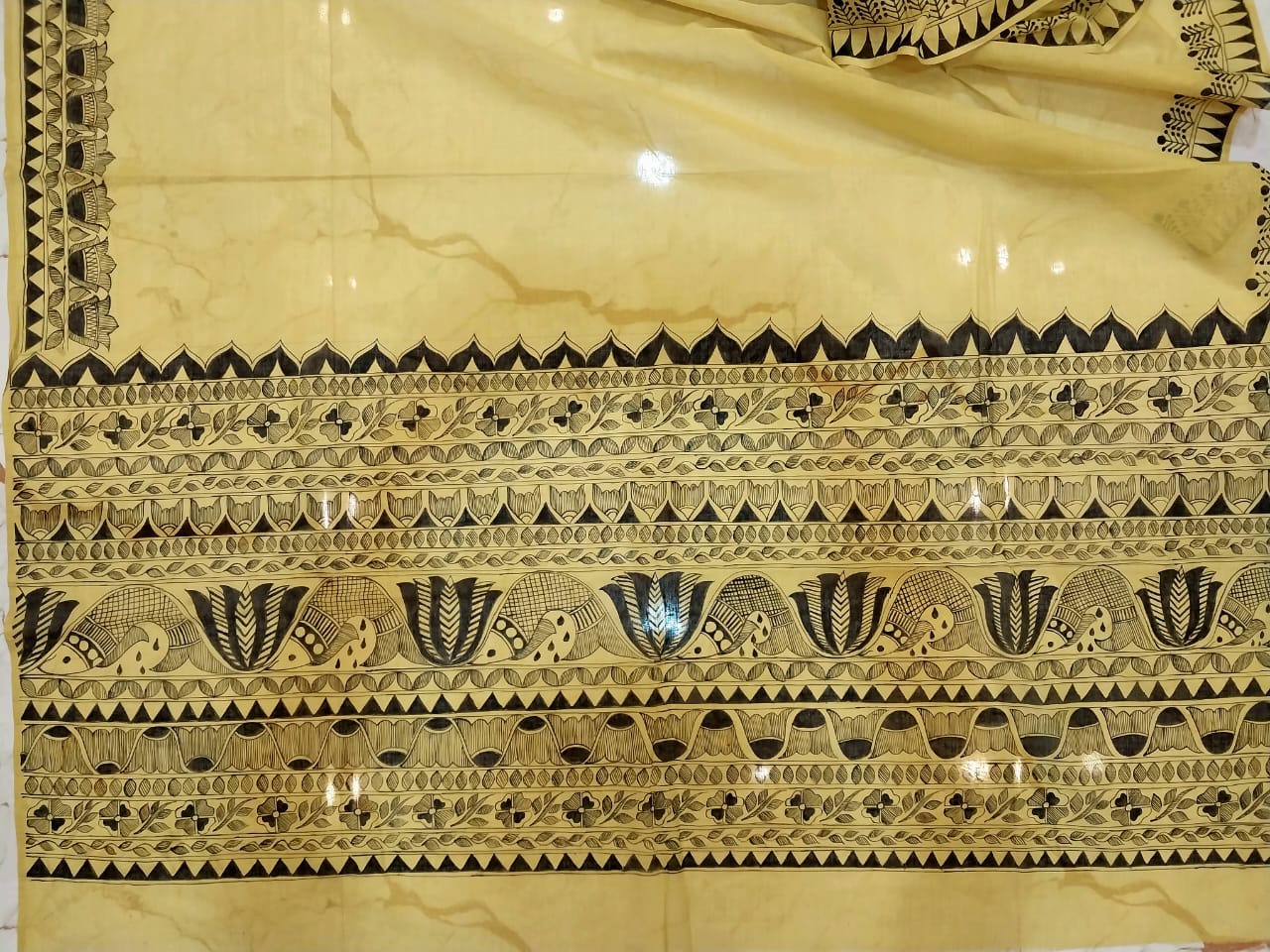 Madhubani Handpainted Saree on Pure 100/100 Cotton - Hand-Painting