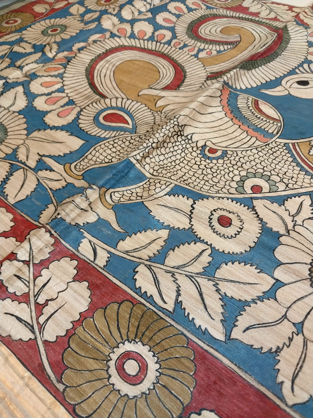 Kalamkari Hand-Painted Saree on Pure Ghicha Tussar Pallu Staple Silk Saree with running blouse piece