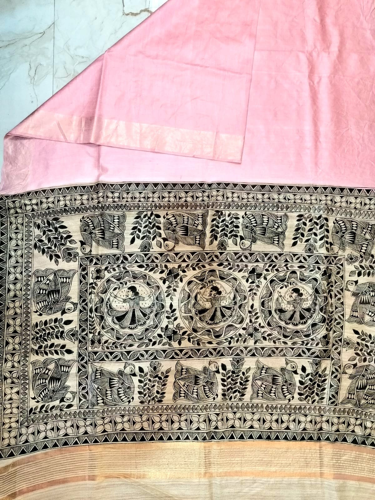 Madhubani Handpainted Saree on Pure Ghicha Tussar Pallu Staple Silk Saree with running blouse piece