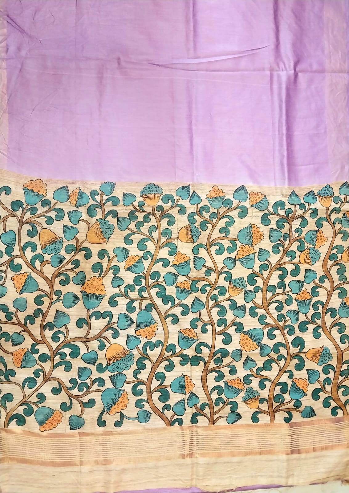 Kalamkari Hand-Painted Saree on Pure Ghicha Tussar Pallu Staple Silk Saree with running blouse piece