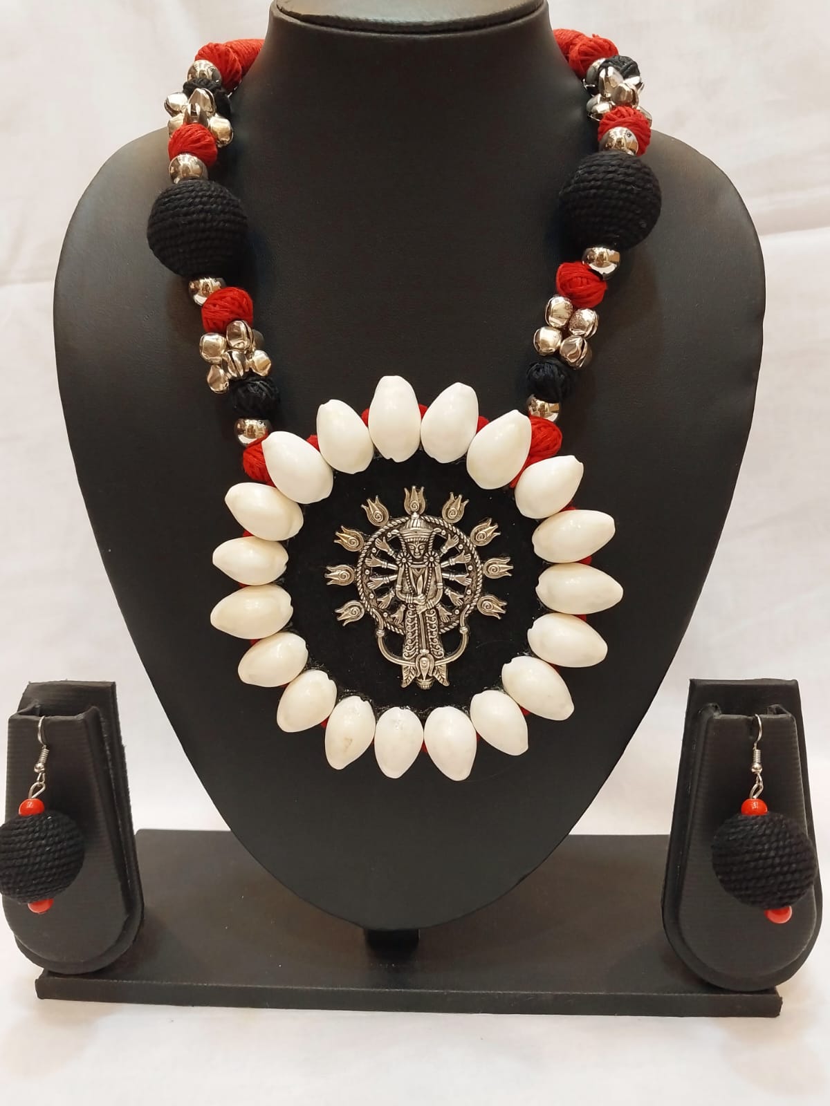 Necklace made of Oxidized Silver, Fabric, কড়ি (Small Cowrie shell) and Thread