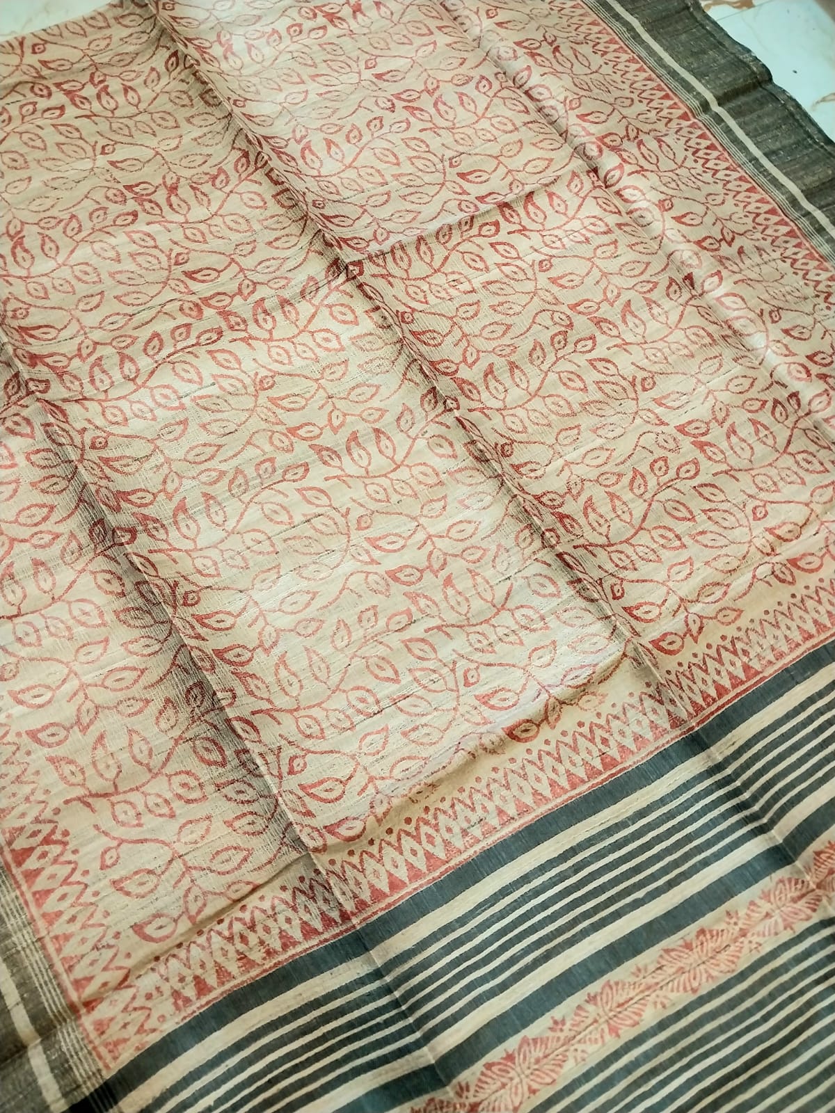 Hand Block Print Saree on Pure Ghicha Tussar Saree with Running Blouse Piece