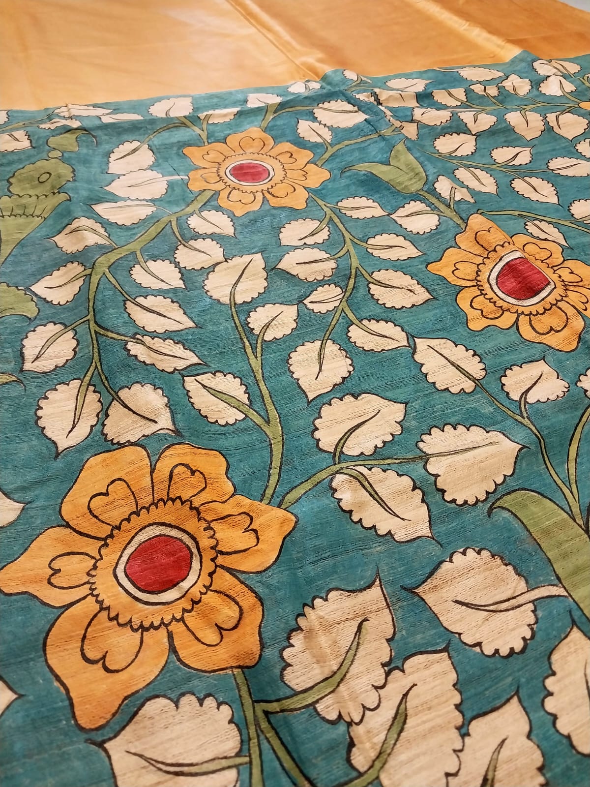 Kalamkari Hand-Painted Saree on Pure Ghicha Tussar Pallu Staple Silk Saree with running blouse piece