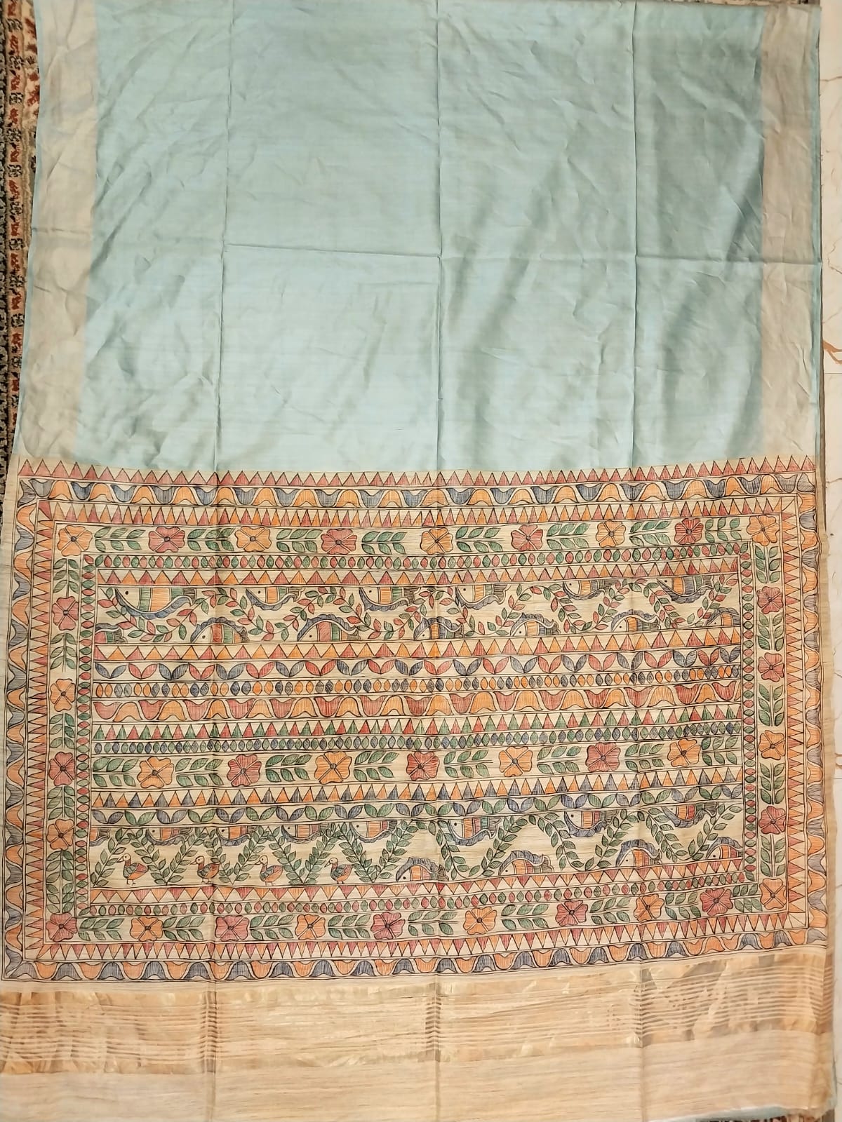 Madhubani Handpainted Saree on Pure Ghicha Tussar Pallu Staple Silk Saree with running blouse piece