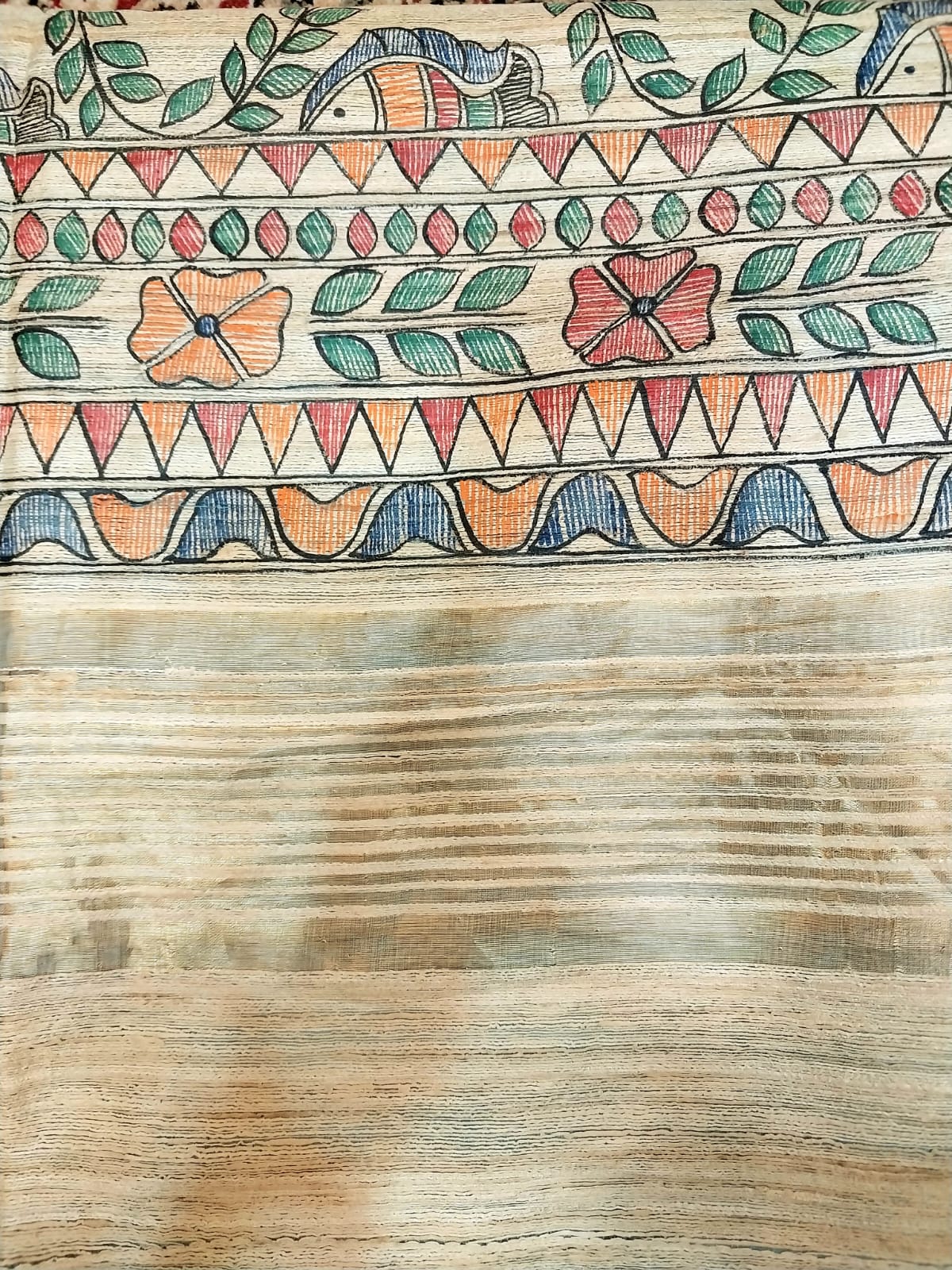 Madhubani Handpainted Saree on Pure Ghicha Tussar Pallu Staple Silk Saree with running blouse piece