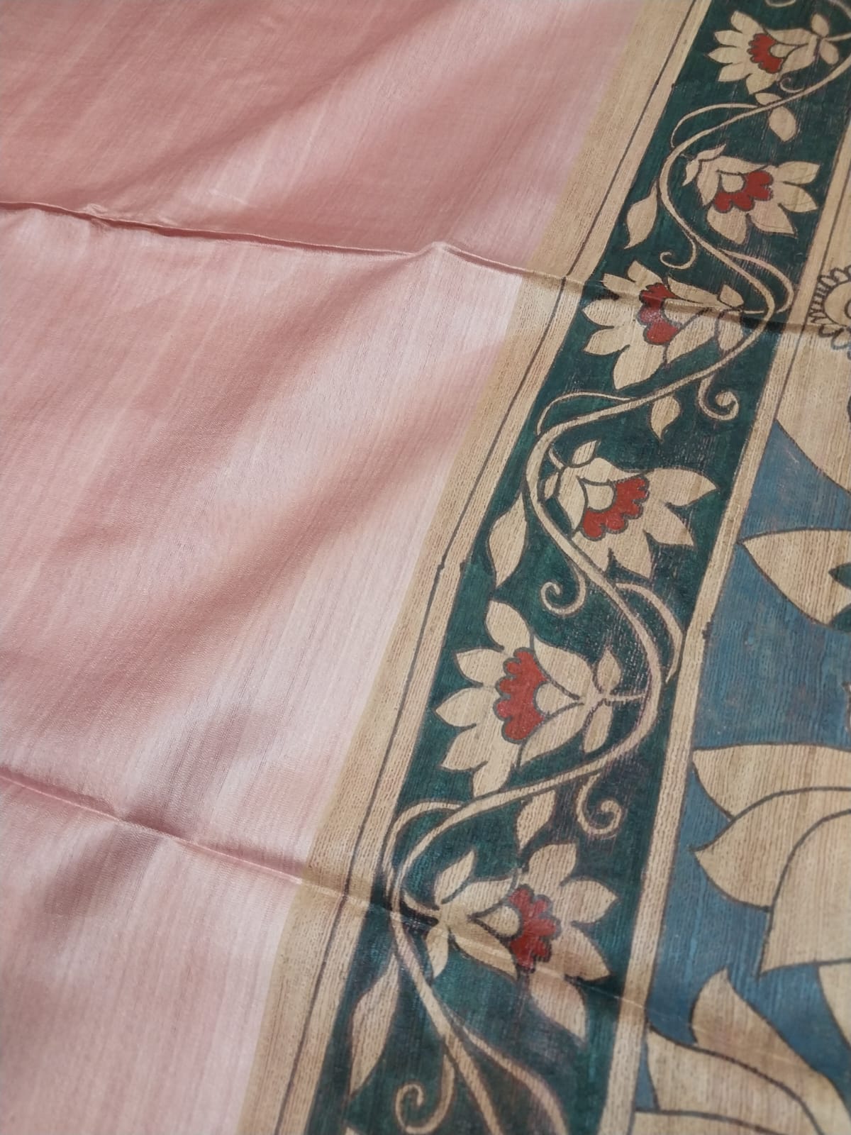 Kalamkari Hand-Painted Saree on Pure Ghicha Tussar Pallu Staple Silk Saree with running blouse piece