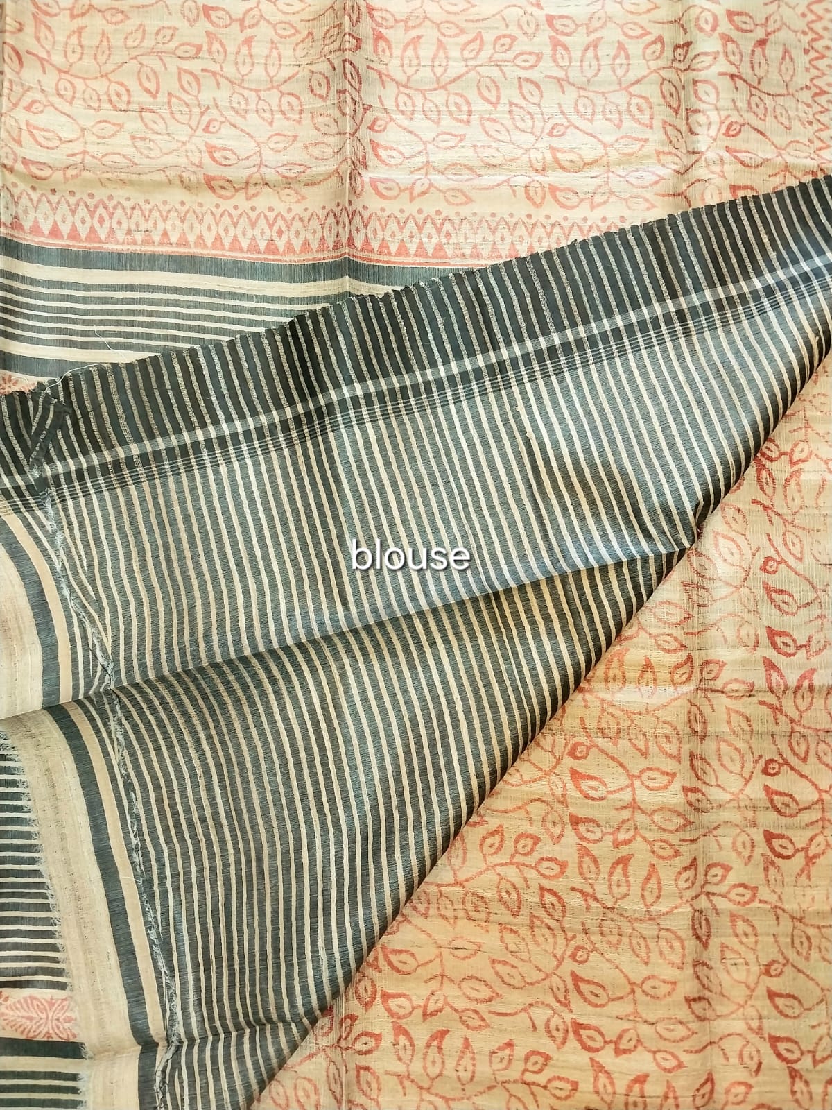 Hand Block Print Saree on Pure Ghicha Tussar Saree with Running Blouse Piece
