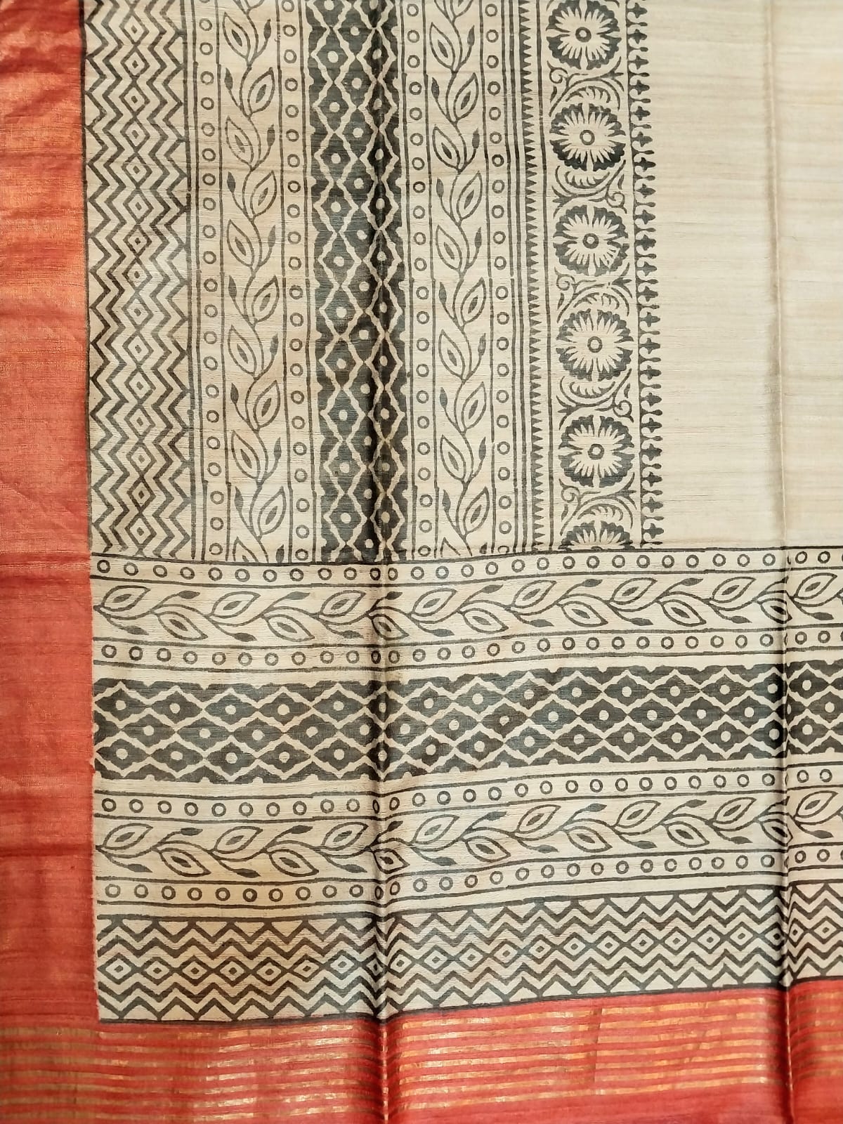 Hand Block Print Saree on Pure Ghicha Tussar Saree with Running Blouse Piece