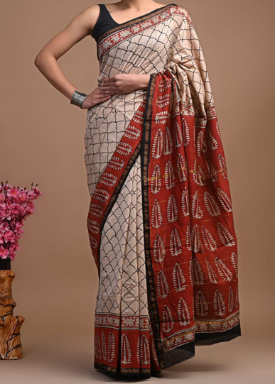 Bagru Hand Block Printed Pure Chanderi Silk Saree