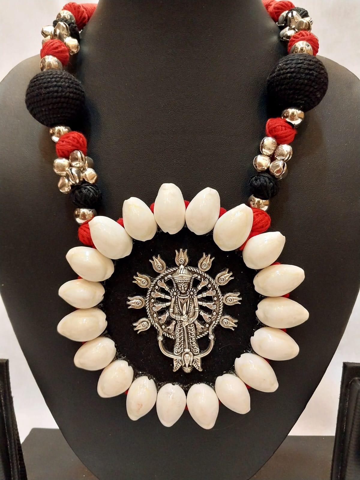 Necklace made of Oxidized Silver, Fabric, কড়ি (Small Cowrie shell) and Thread