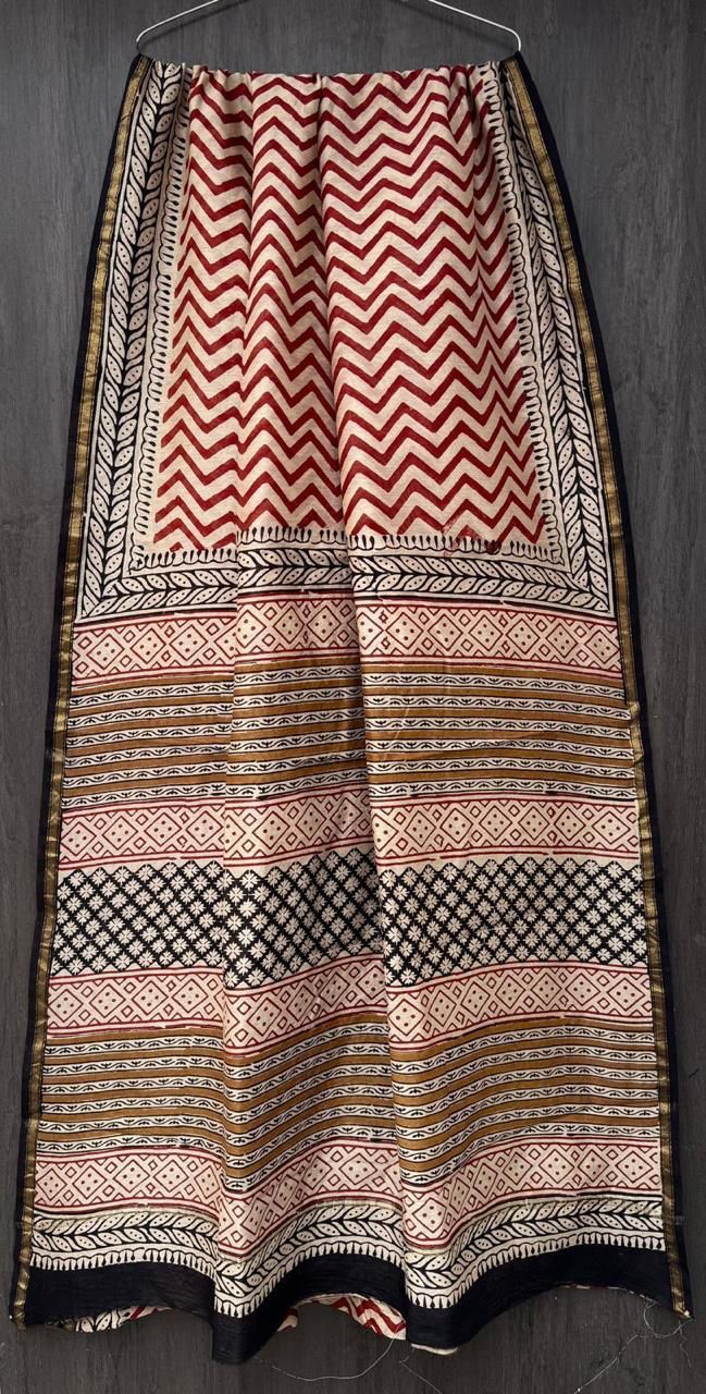 Bagru Hand Block Printed Pure Chanderi Silk Saree