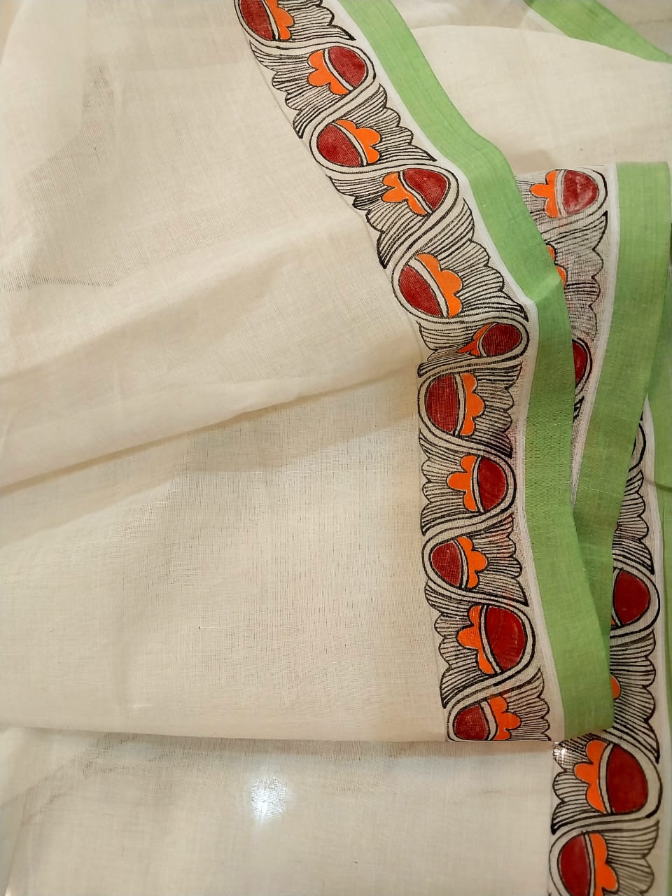 Madhubani Handpainted Saree on Pure 100/100 Cotton - Hand-Painting