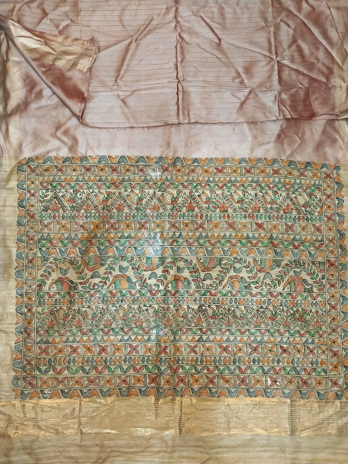 Madhubani Handpainted Saree on Pure Ghicha Tussar Pallu Staple Silk Saree with running blouse piece