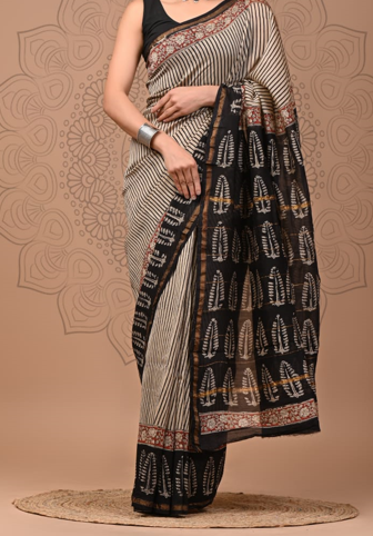 Bagru Hand Block Printed Pure Chanderi Silk Saree