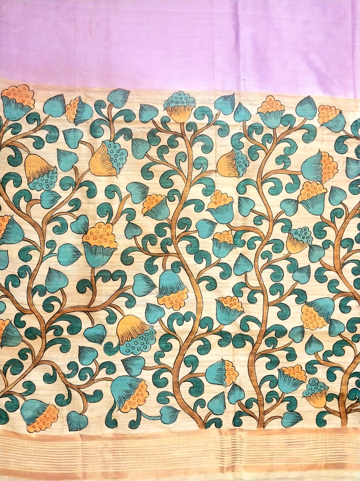 Kalamkari Hand-Painted Saree on Pure Ghicha Tussar Pallu Staple Silk Saree with running blouse piece