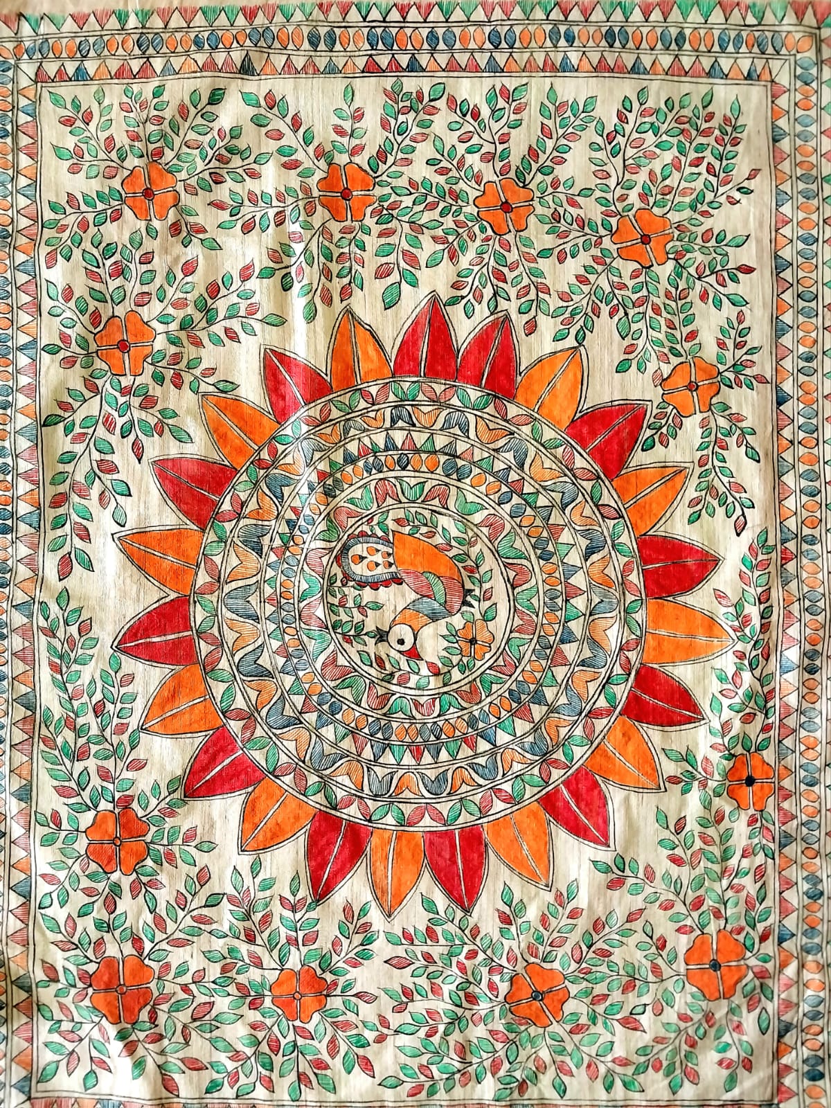 Madhubani Handpainted Saree on Pure Ghicha Tussar Pallu Staple Silk Saree with running blouse piece