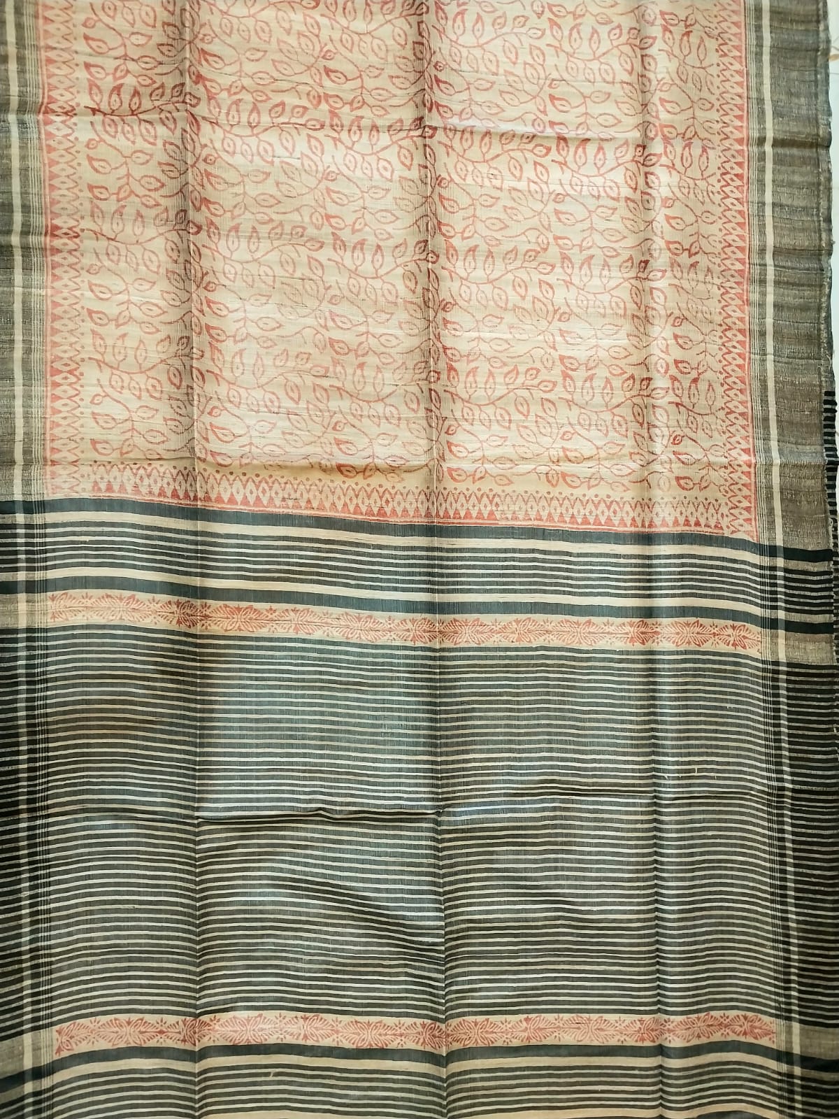 Hand Block Print Saree on Pure Ghicha Tussar Saree with Running Blouse Piece