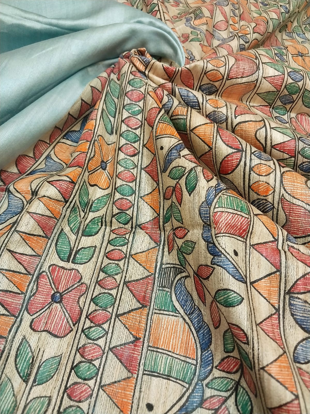 Madhubani Handpainted Saree on Pure Ghicha Tussar Pallu Staple Silk Saree with running blouse piece