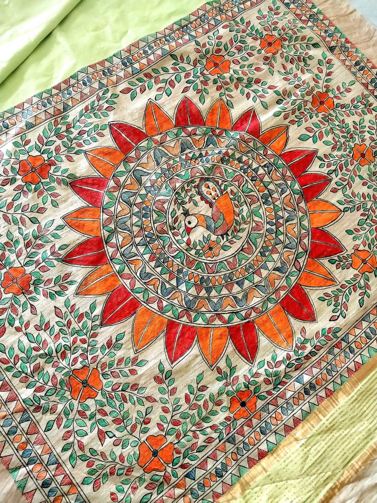 Madhubani Handpainted Saree on Pure Ghicha Tussar Pallu Staple Silk Saree with running blouse piece