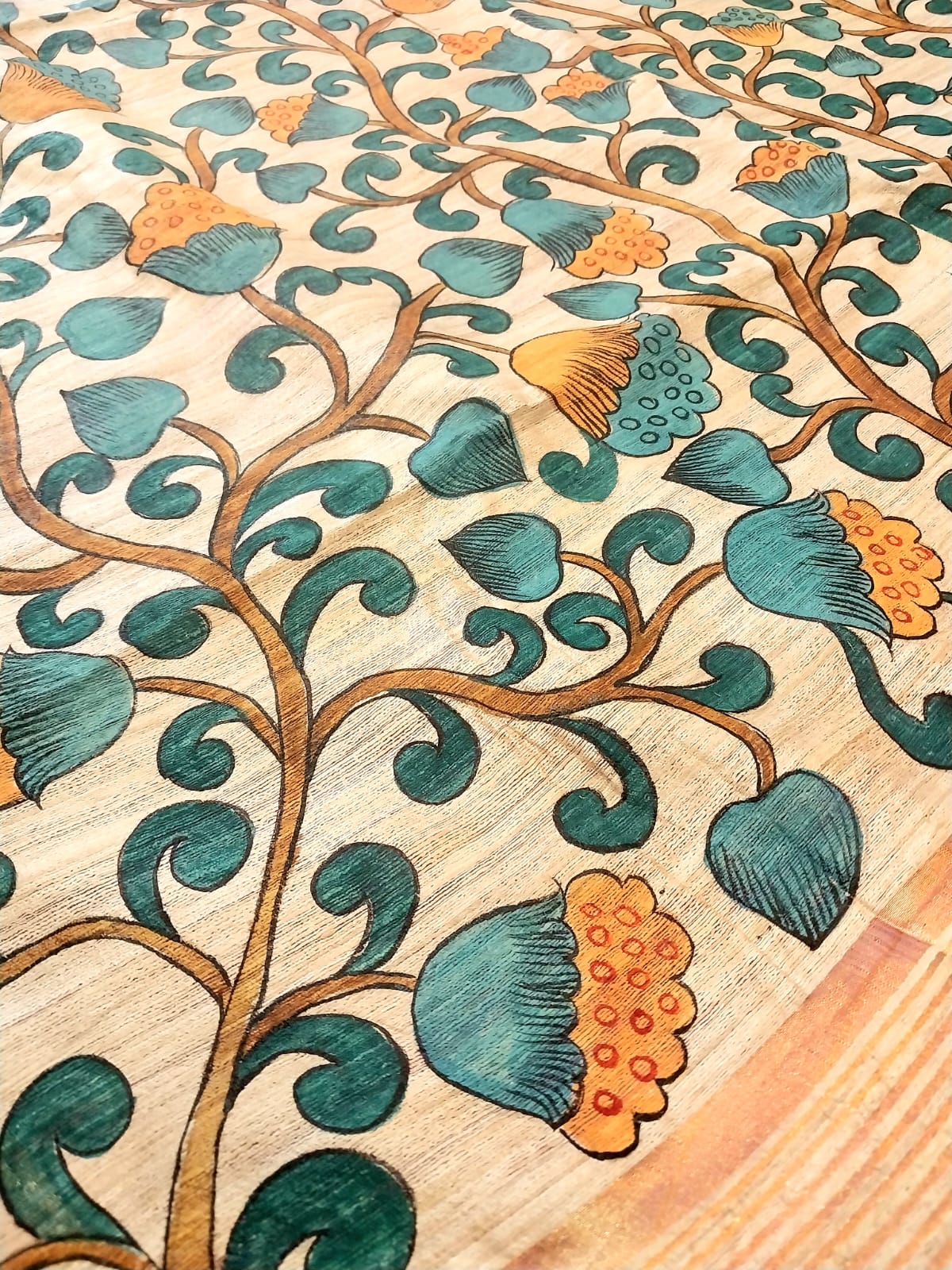 Kalamkari Hand-Painted Saree on Pure Ghicha Tussar Pallu Staple Silk Saree with running blouse piece