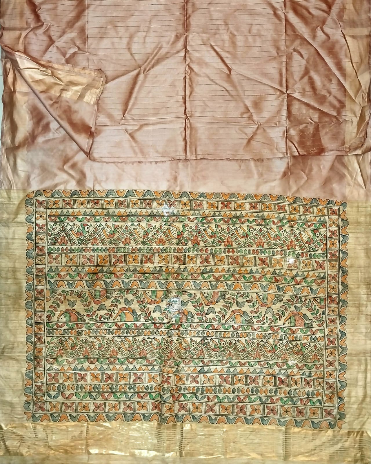 Madhubani Handpainted Saree on Pure Ghicha Tussar Pallu Staple Silk Saree with running blouse piece