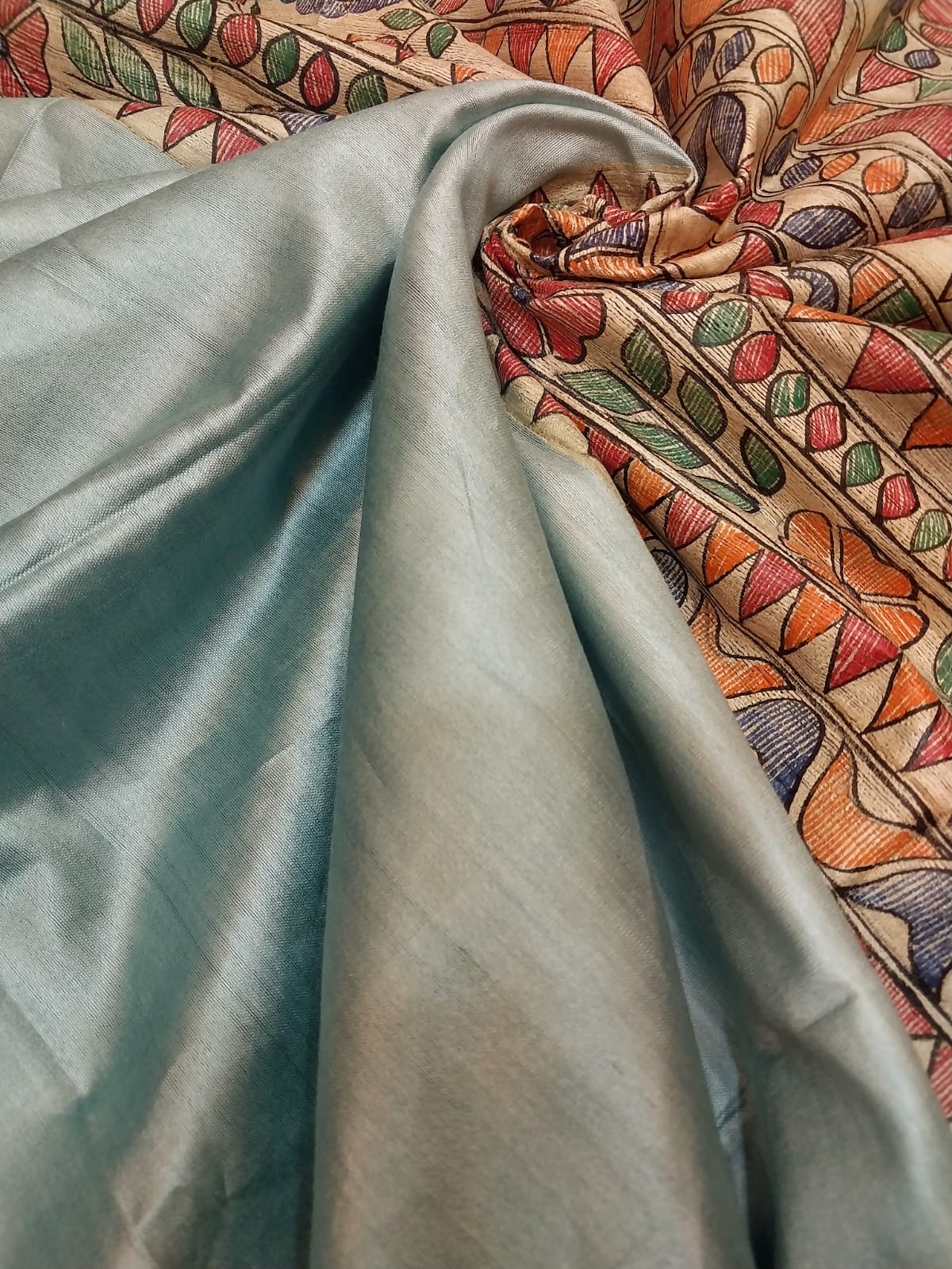 Madhubani Handpainted Saree on Pure Ghicha Tussar Pallu Staple Silk Saree with running blouse piece