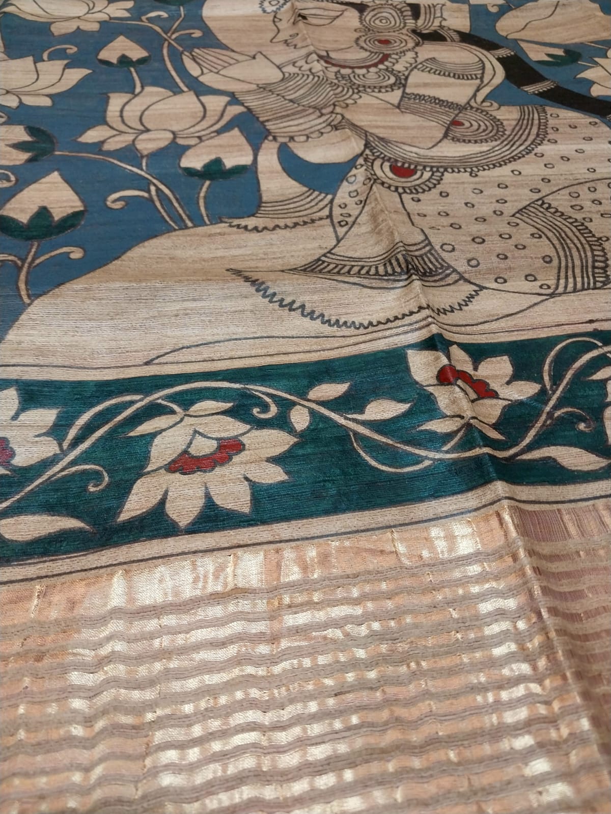 Kalamkari Hand-Painted Saree on Pure Ghicha Tussar Pallu Staple Silk Saree with running blouse piece