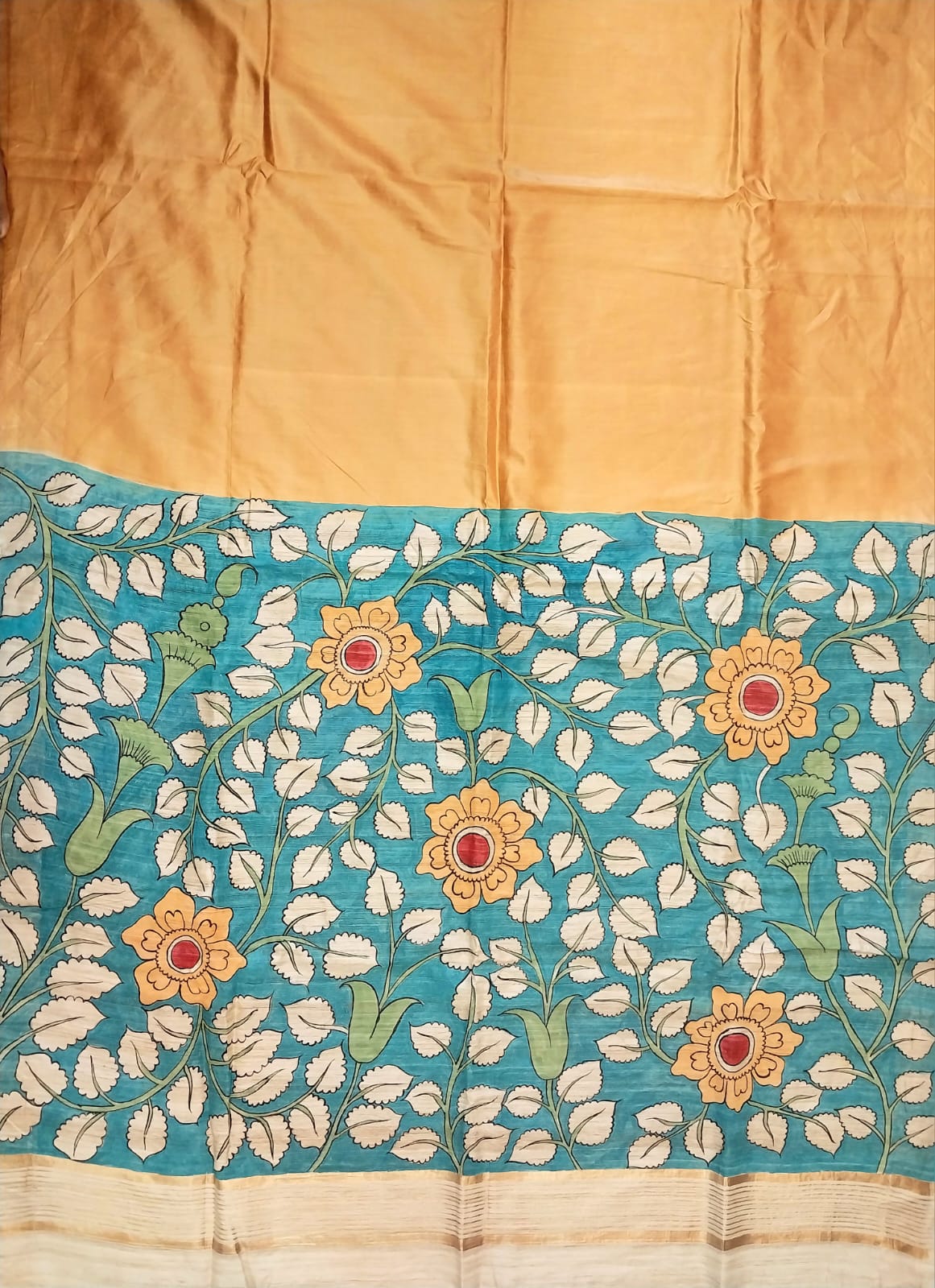 Kalamkari Hand-Painted Saree on Pure Ghicha Tussar Pallu Staple Silk Saree with running blouse piece