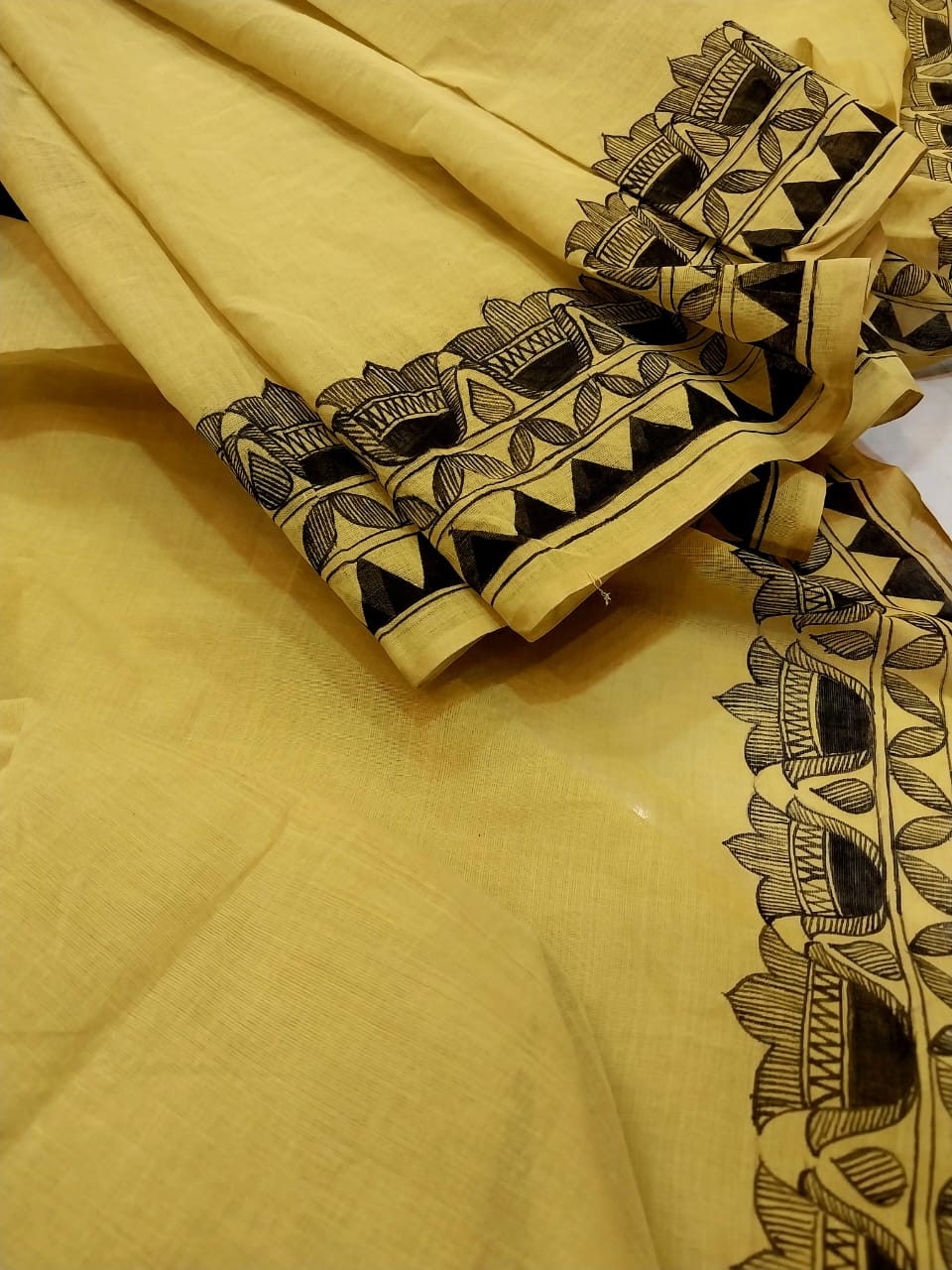 Madhubani Handpainted Saree on Pure 100/100 Cotton - Hand-Painting