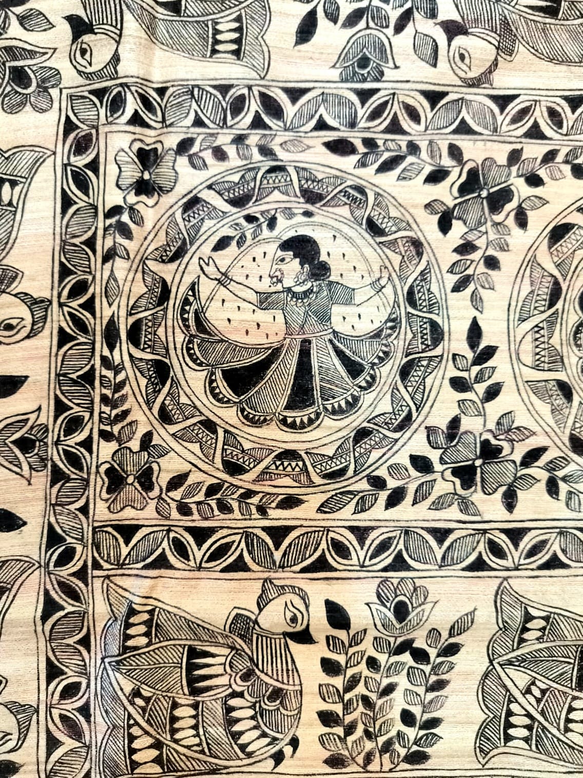 Madhubani Handpainted Saree on Pure Ghicha Tussar Pallu Staple Silk Saree with running blouse piece
