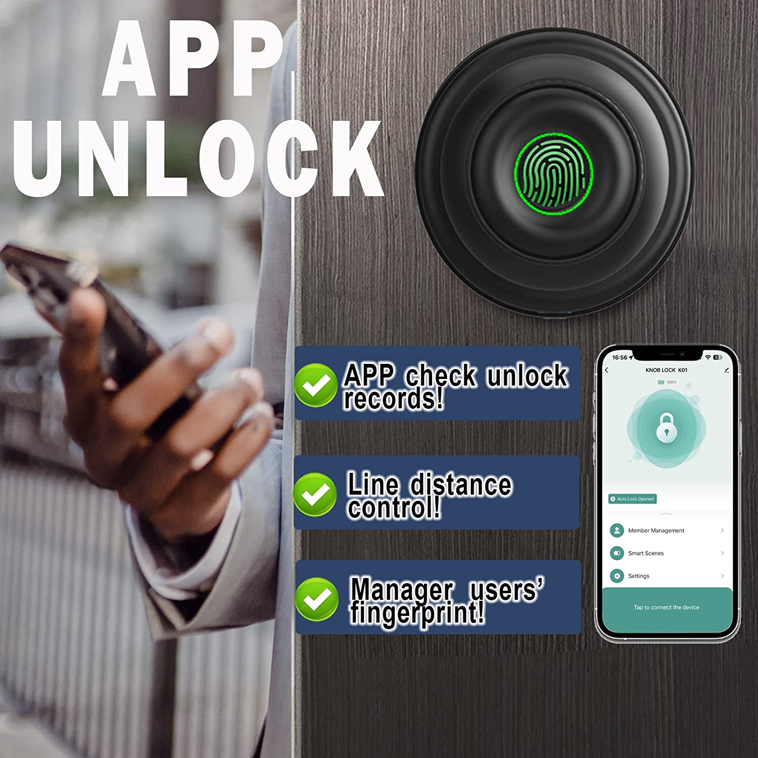 Black Smart Door knob Keyless Entry Door Lock, Fingerprint Smart Biometric Door Lock Fingerprint Door knob with App Control, Great for Bedrooms,Cloakroom,Apartments Offices,Hotels