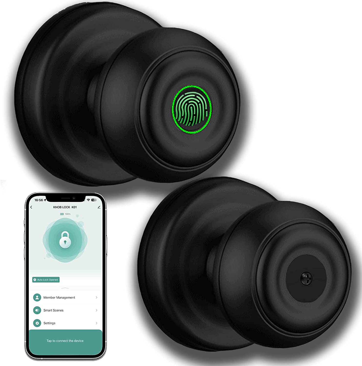 Black Smart Door knob Keyless Entry Door Lock, Fingerprint Smart Biometric Door Lock Fingerprint Door knob with App Control, Great for Bedrooms,Cloakroom,Apartments Offices,Hotels
