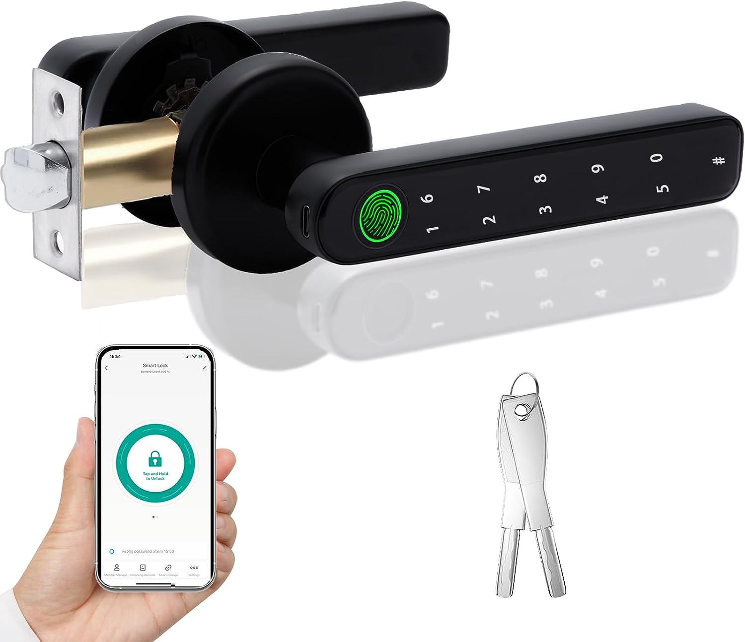Fingerprint Smart Door Lock, Keyless Entry Door Knob with APP/Backup Key/50 Fingerprints/100 Codes Biometric Door Lock with Handle for Home Hotel Office Apartment Bedroom(Black)