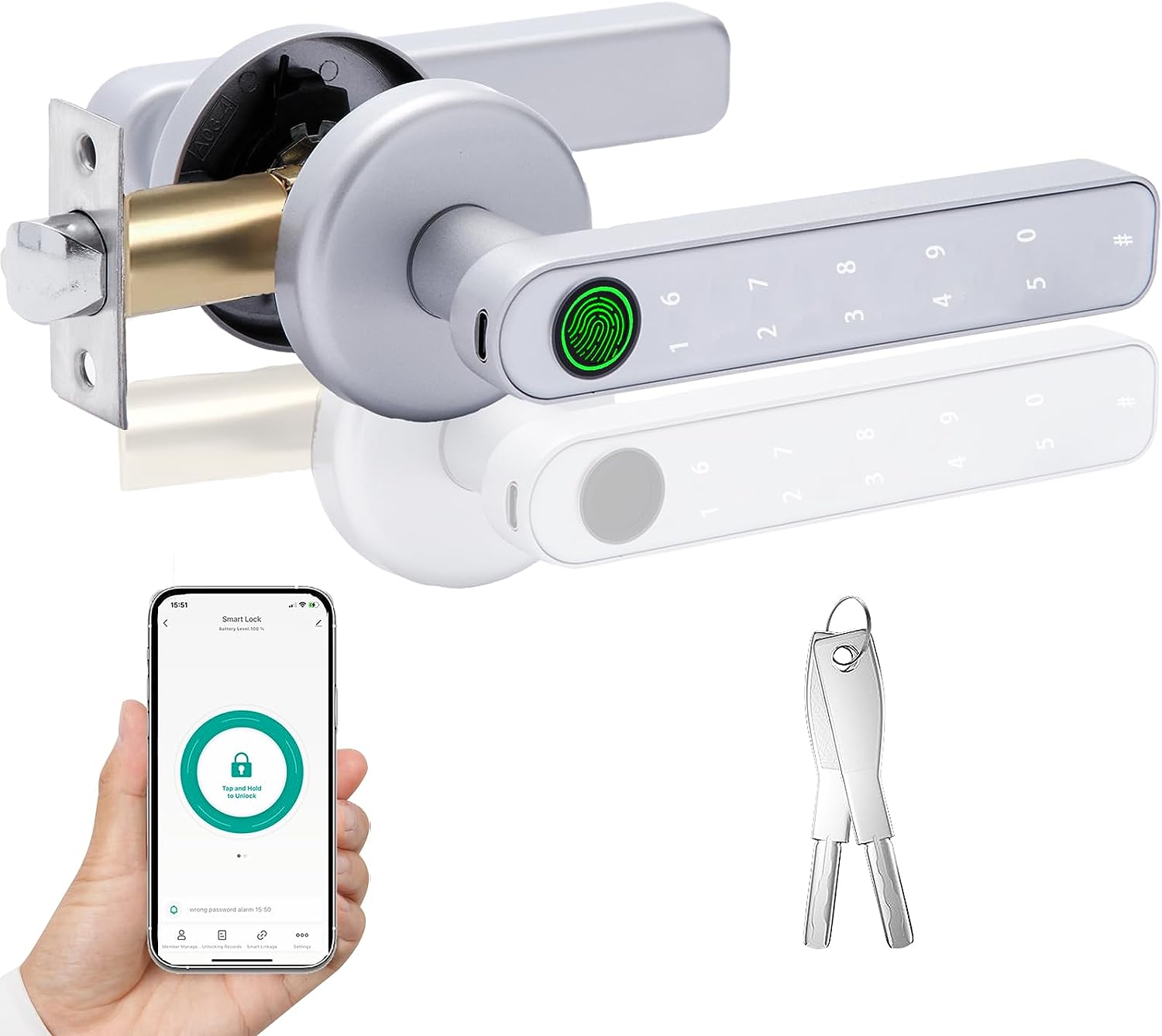 Fingerprint Smart Door Lock, Keyless Entry Door Knob with APP/Backup Key/50 Fingerprints/100 Codes Biometric Door Lock with Handle for Home Hotel Office Apartment Bedroom(Silver)