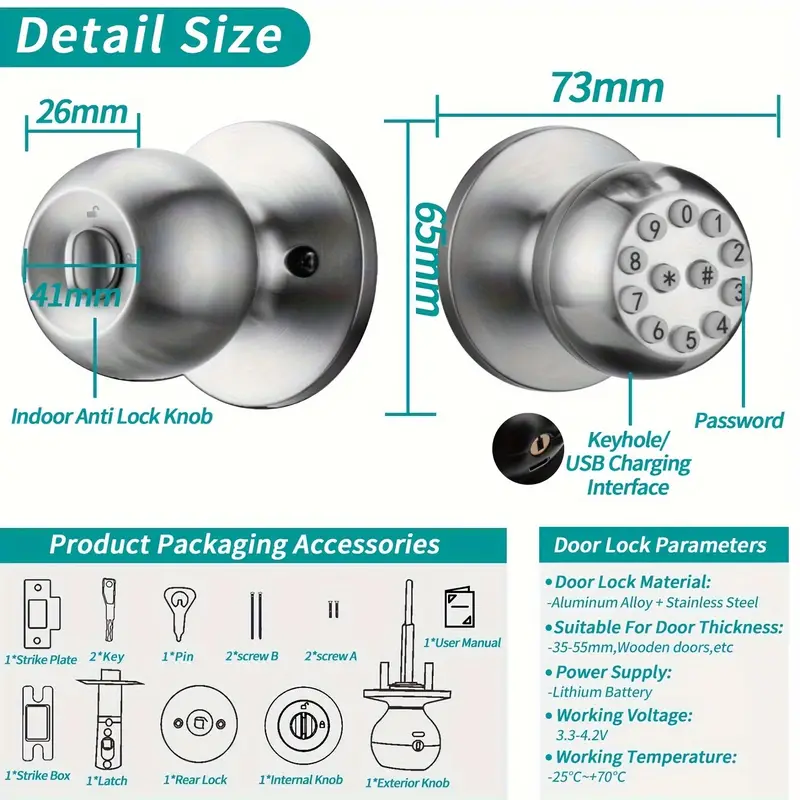 Smart Door Knob - Keyless Entry with Passcode Unlock, Advanced Electronic Lock with Keypad, Ideal for Exterior Doors of Home