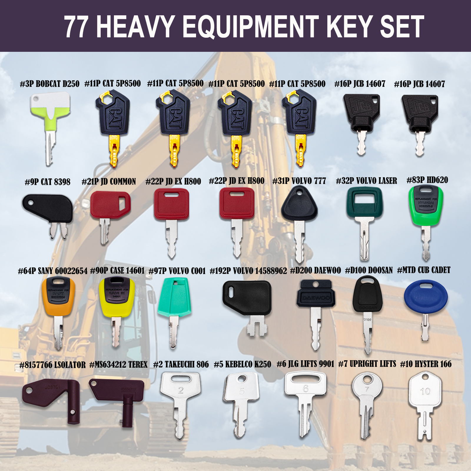 77 Master Key Set - 3 Key Rrings Construction Equipment Machiney Keys fit Cat JCB Case John Deere Volvo JLG Terex Komatsu Kubota