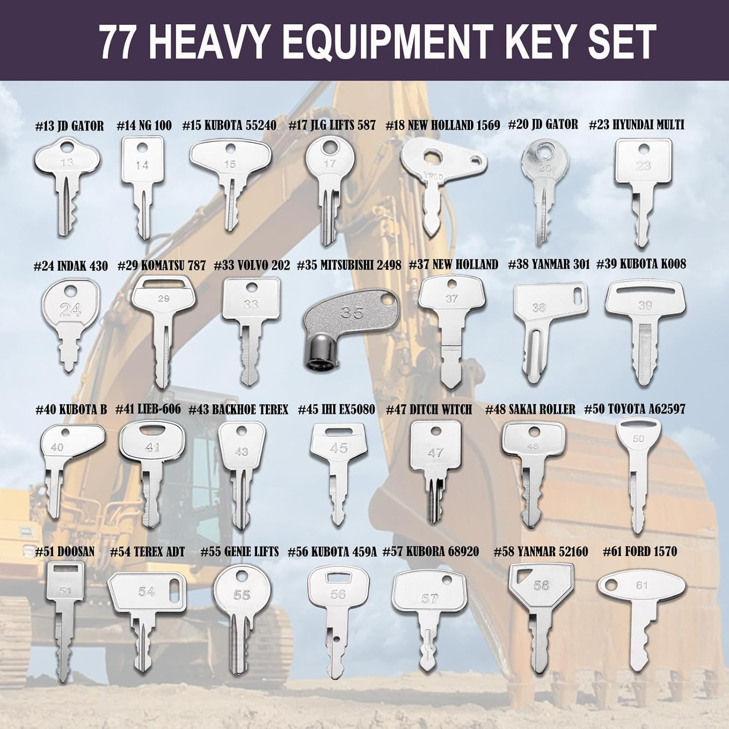 77 Master Key Set - 3 Key Rrings Construction Equipment Machiney Keys fit Cat JCB Case John Deere Volvo JLG Terex Komatsu Kubota