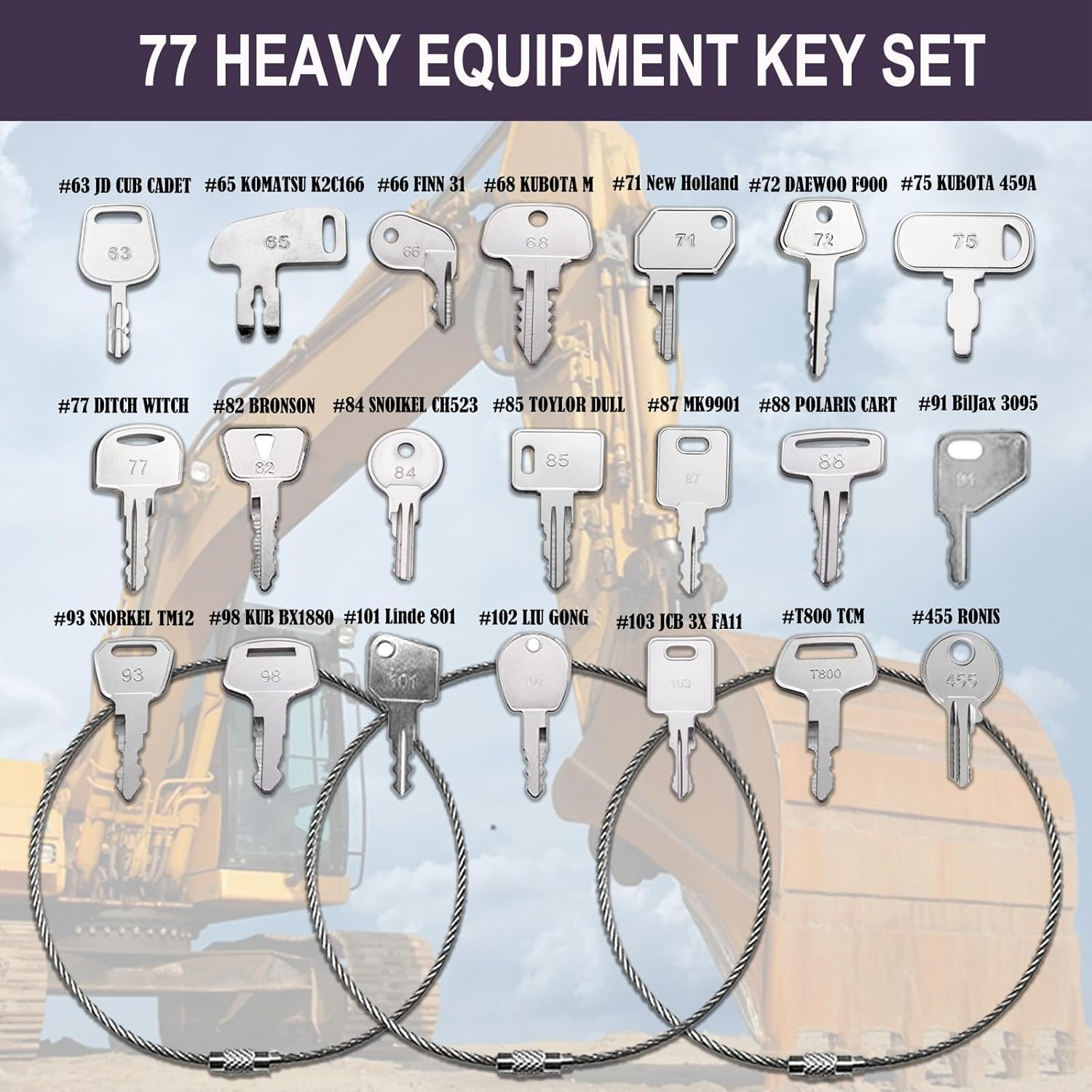 77 Master Key Set - 3 Key Rrings Construction Equipment Machiney Keys fit Cat JCB Case John Deere Volvo JLG Terex Komatsu Kubota