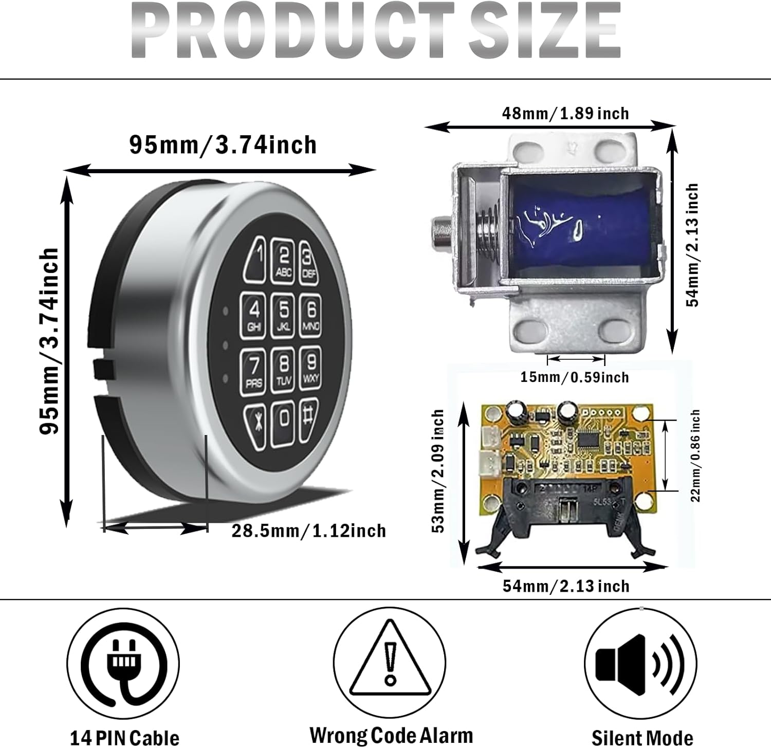 Gun Safe Replacement Lock Chrome Digital Keypad Electronic Lock, Solenoid Safe Lock Mechanism, 14 Pin DIY Safe Lock