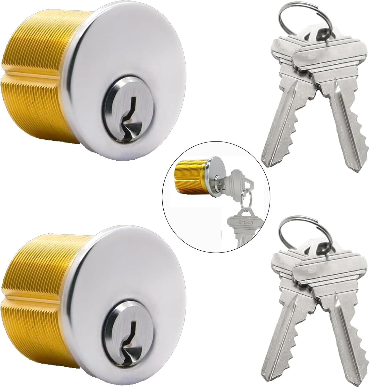 2PCS Brass Mortise Door Cylinder Locks, 1 1/8" Inch Length Keyed Standard with 2 Different SC1 Keyway, Standard Commercial Door Replacement Lock Mortise Cylinder for Home Aluminum Door(Silver)