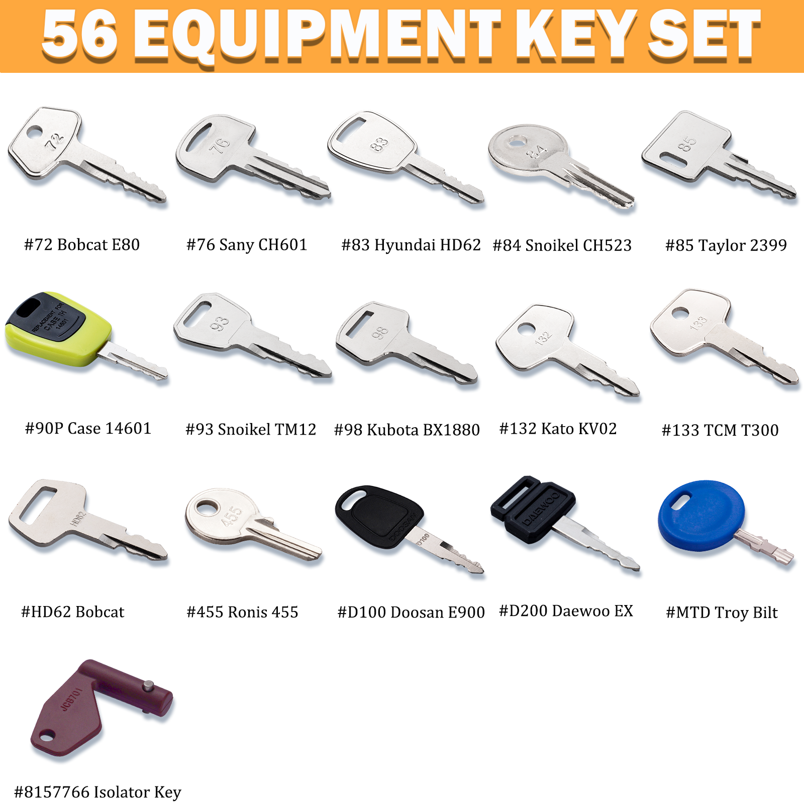 56 Heavy Equipment Keys Master Set, Original Construction Machine Ignition Keys Fits Caterpillar CAT JCB Case John Deere Komatsu Kubota Yanmar Linde Takeuchi Ford Holland Volvo