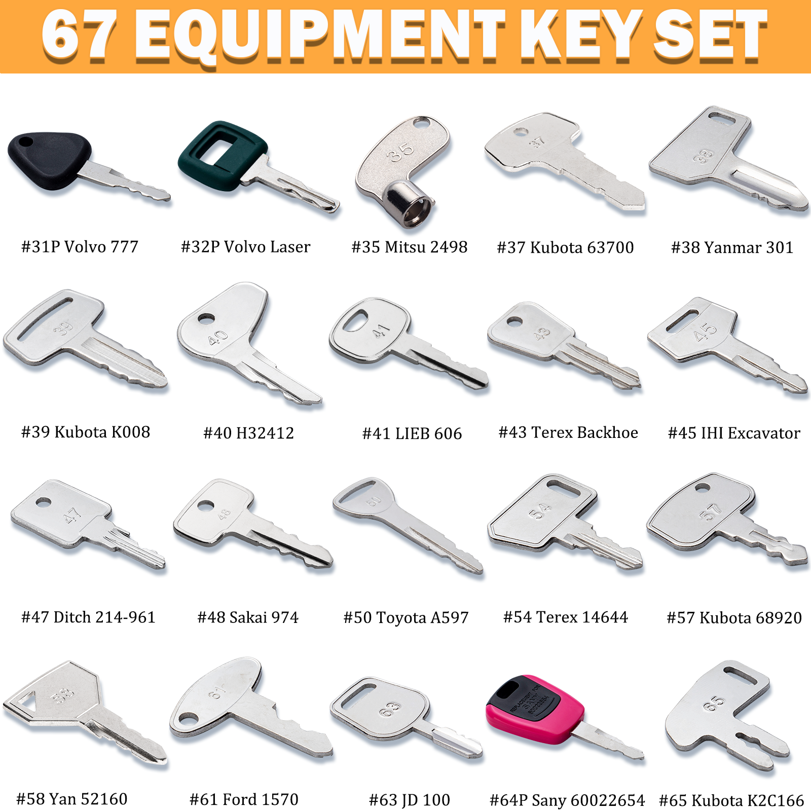 Equipment Key Set - 67 Heavy Equipment Master Keys Constrtution Machinery Key for CAT John Deere Volvo JCB Ferguson JLG Genie 