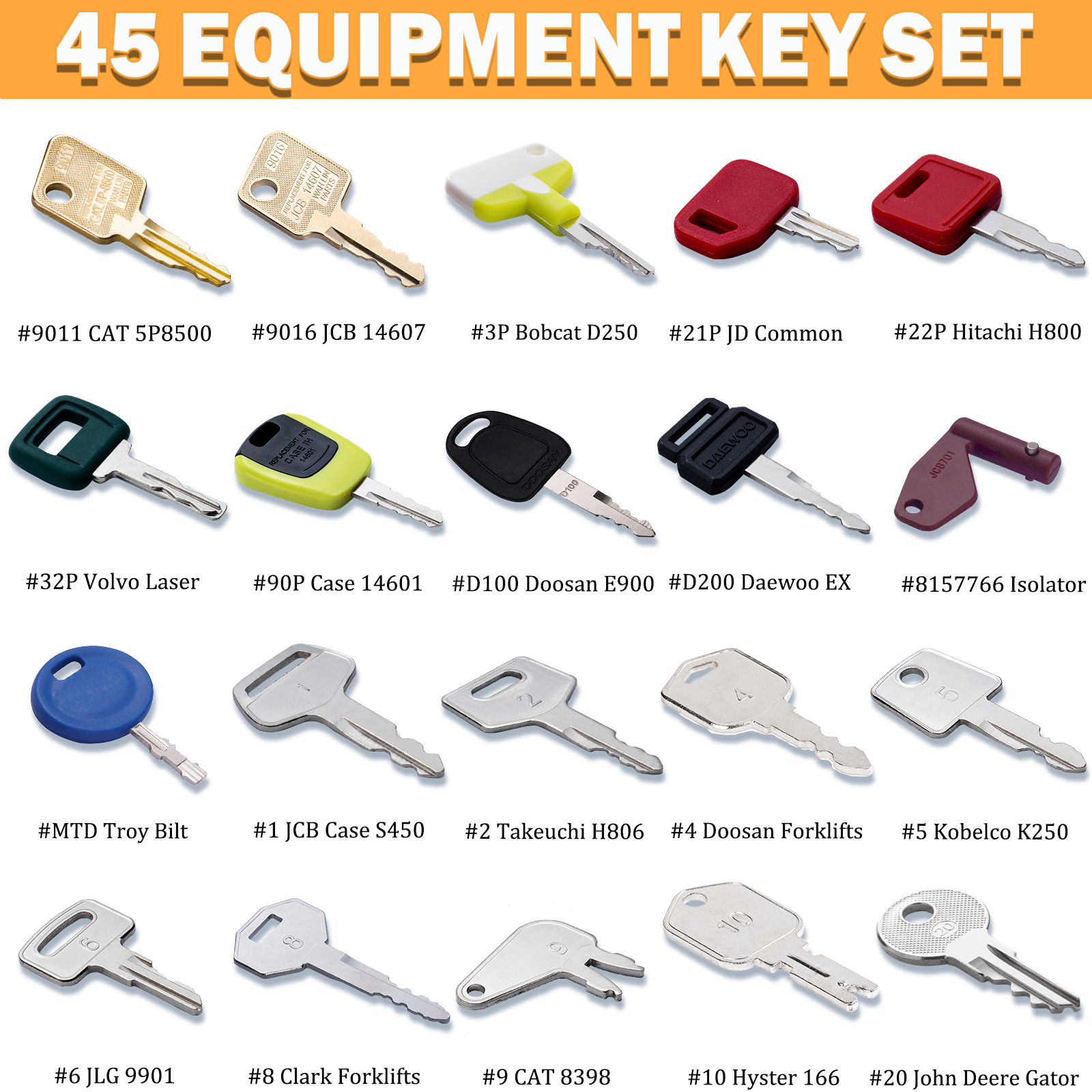 45 Construction Equipment Operator Keys, Heavy Equipment Key Master Set for Caterpillar Cat John Deere JCB Volvo Hyster Yanmar Takeuchi Yanmar 