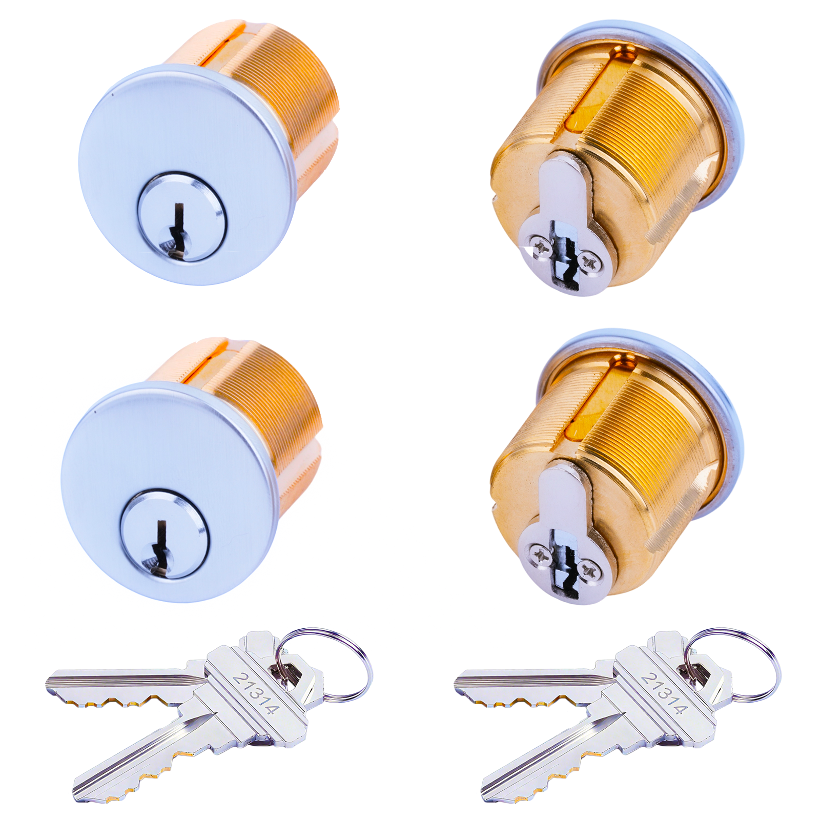 Brass Mortise Door Cylinder Locks Keyed Alike with 4 SC Keyway Keys (2 Pack-1 inch-Silver)