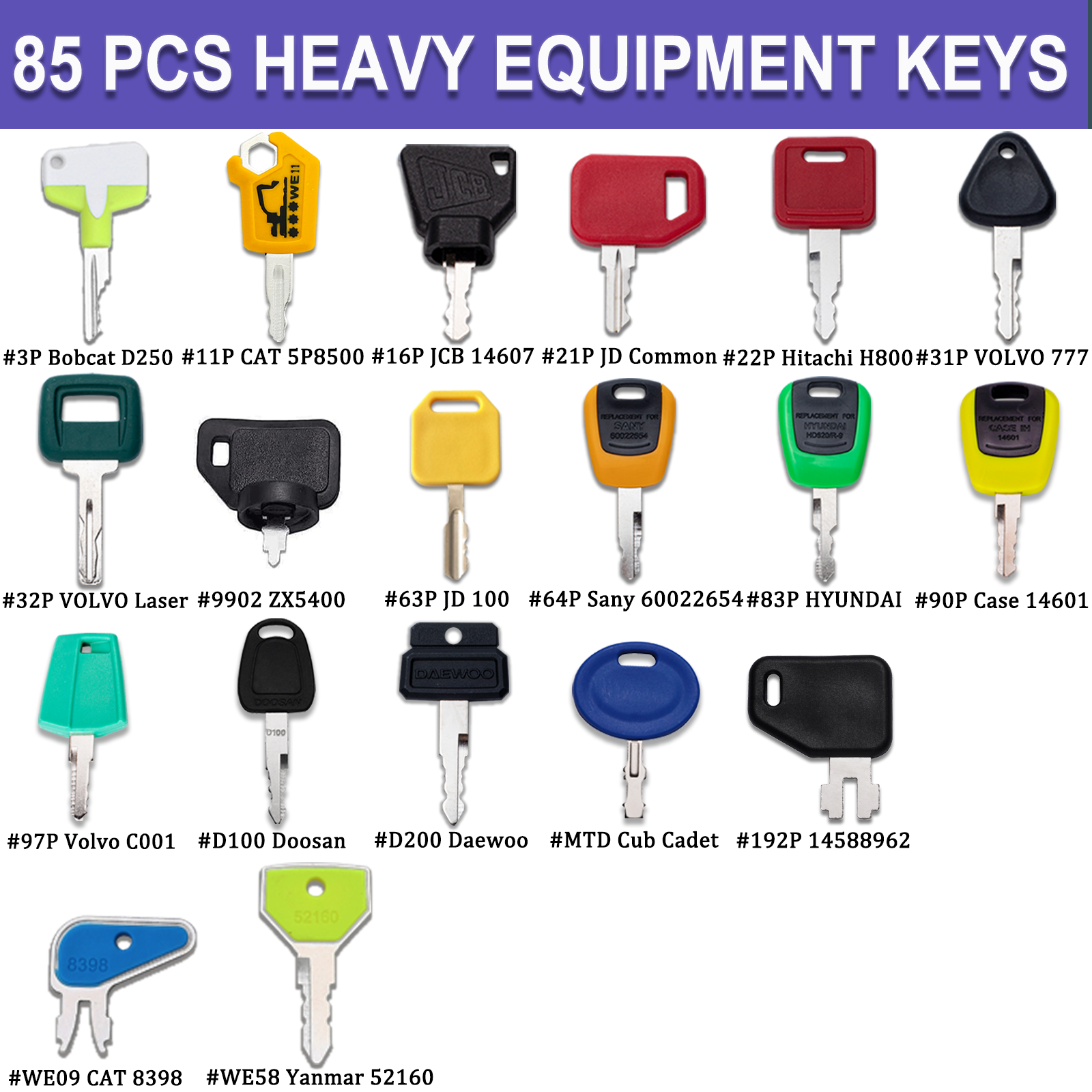 85 Heavy Master Equipment Keys Set Fits CAT John Deere Takeuchi JCB Komatsu Kubota Hyster Volvo Yanmar Daewoo