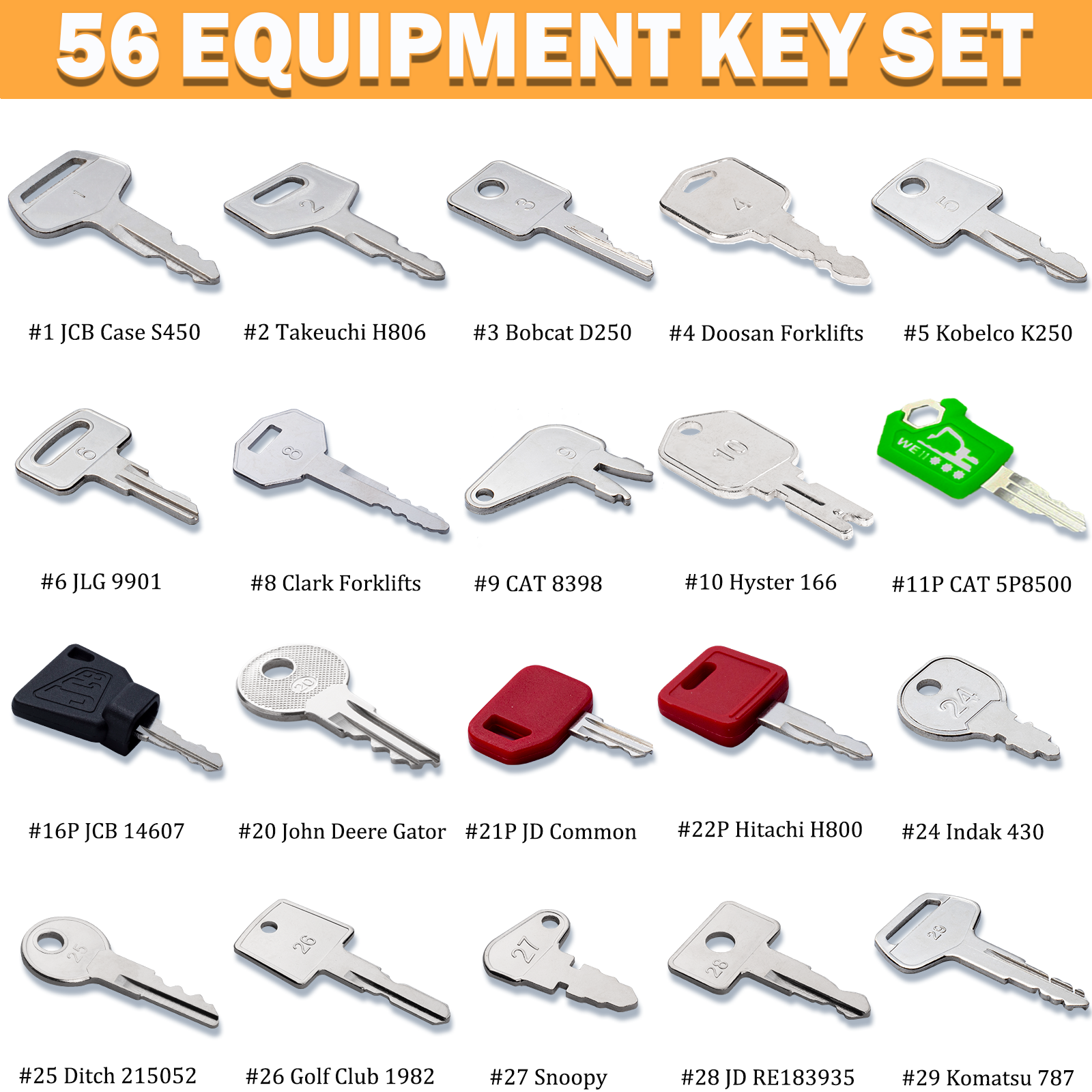 56 Heavy Equipment Keys Master Set, Original Construction Machine Ignition Keys Fits Caterpillar CAT JCB Case John Deere Komatsu Kubota Yanmar Linde Takeuchi Ford Holland Volvo