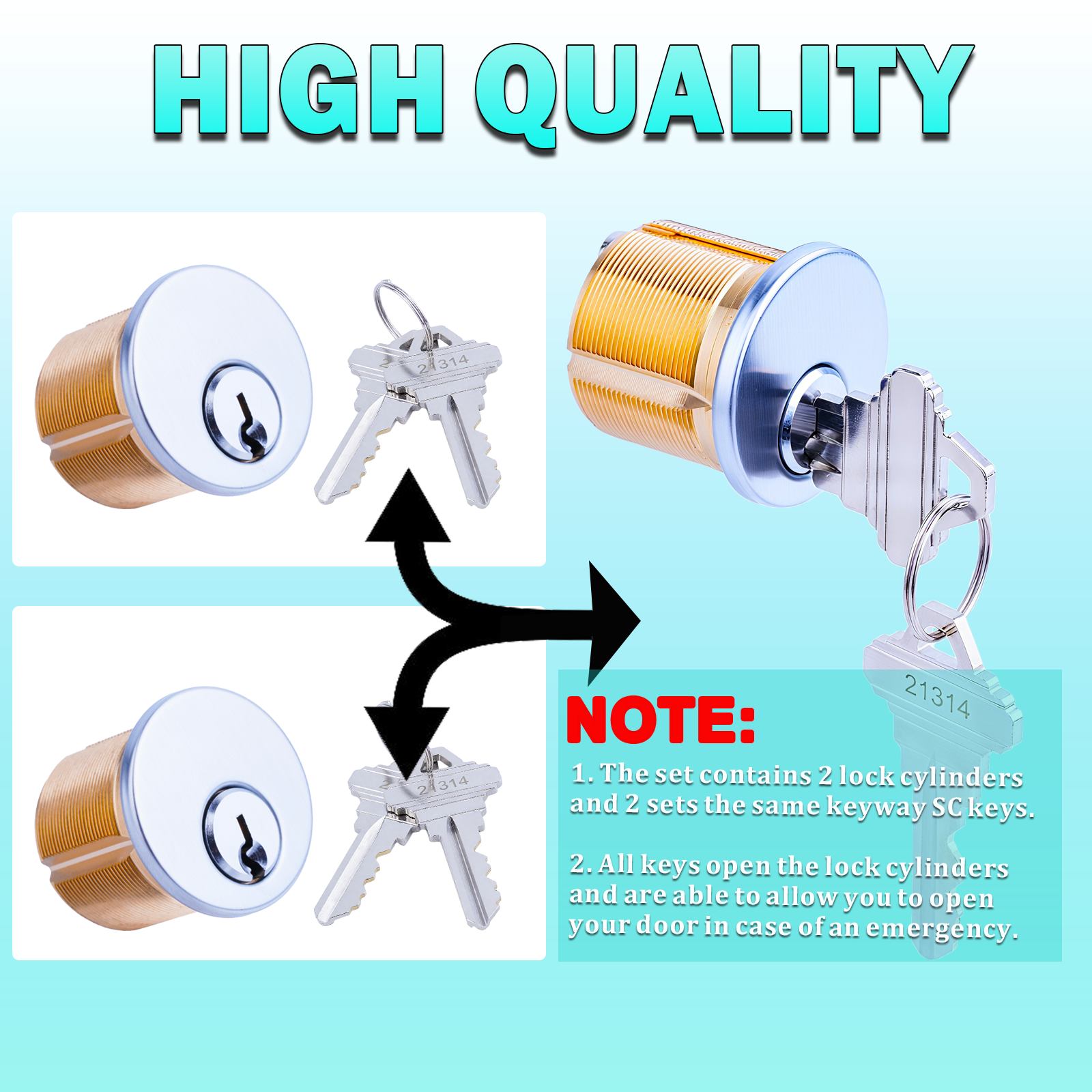 Brass Mortise Door Cylinder Locks Keyed Alike with 4 SC Keyway Keys (2 Pack-1 inch-Silver)