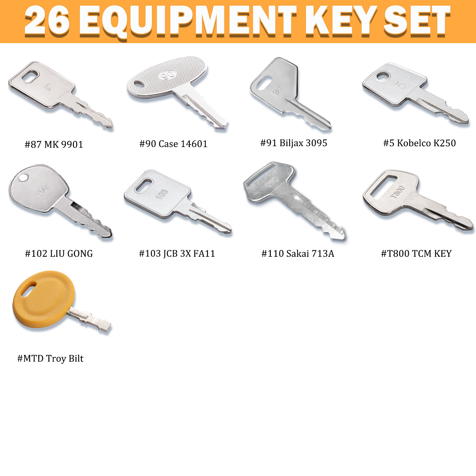26 Heavy Equipment Keys, Construction Master Key Set for Cat Caterpillar John Deere Case Bobcat JLG JCB Volvo Hyster New Holland Yanmar Takeuchi Kubota Komatsu Heavy Equipment Machine